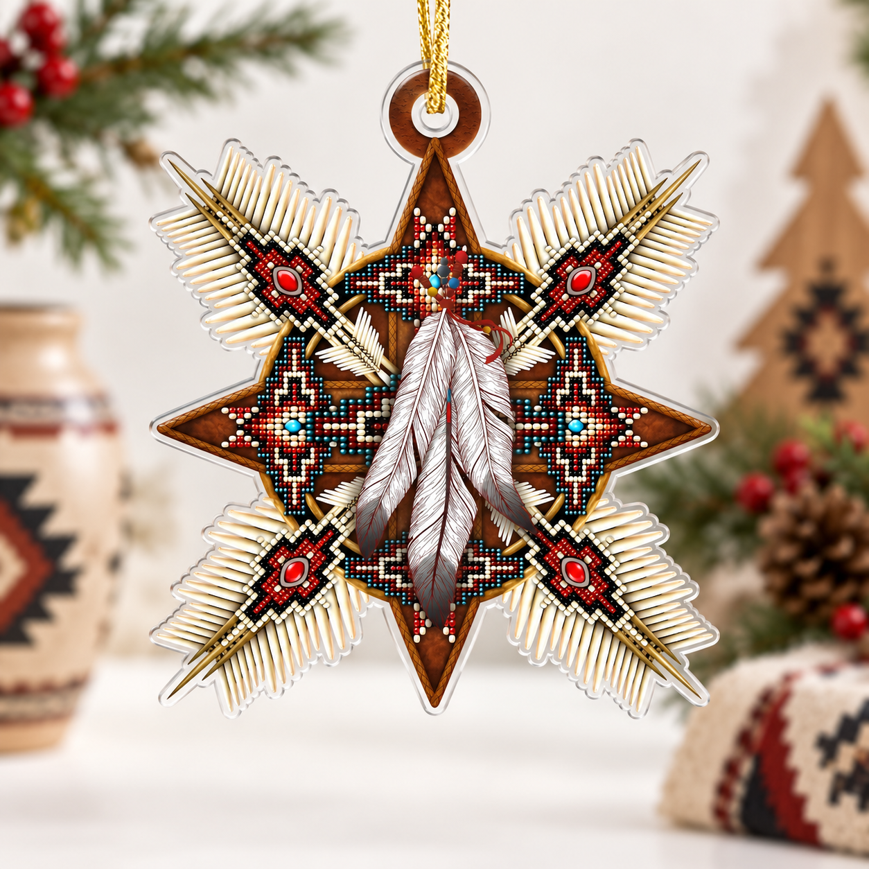 Native Beaded Star Ornament with Feathers Unique Gift Decor Flat Acrylic