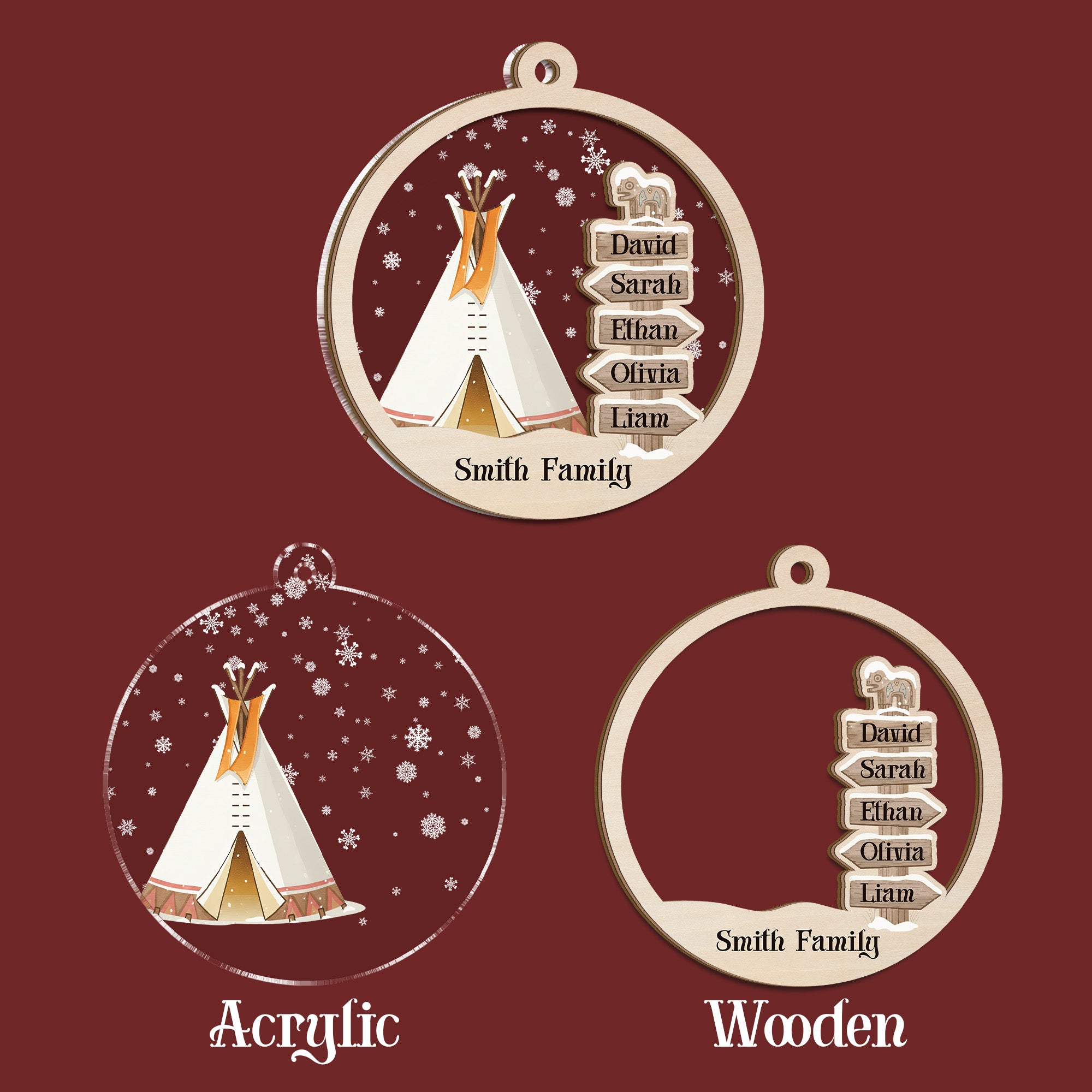 Native Teepee Family Ornament Unique Christmas Gift Decor Wood and Acrylic (Custom Name)