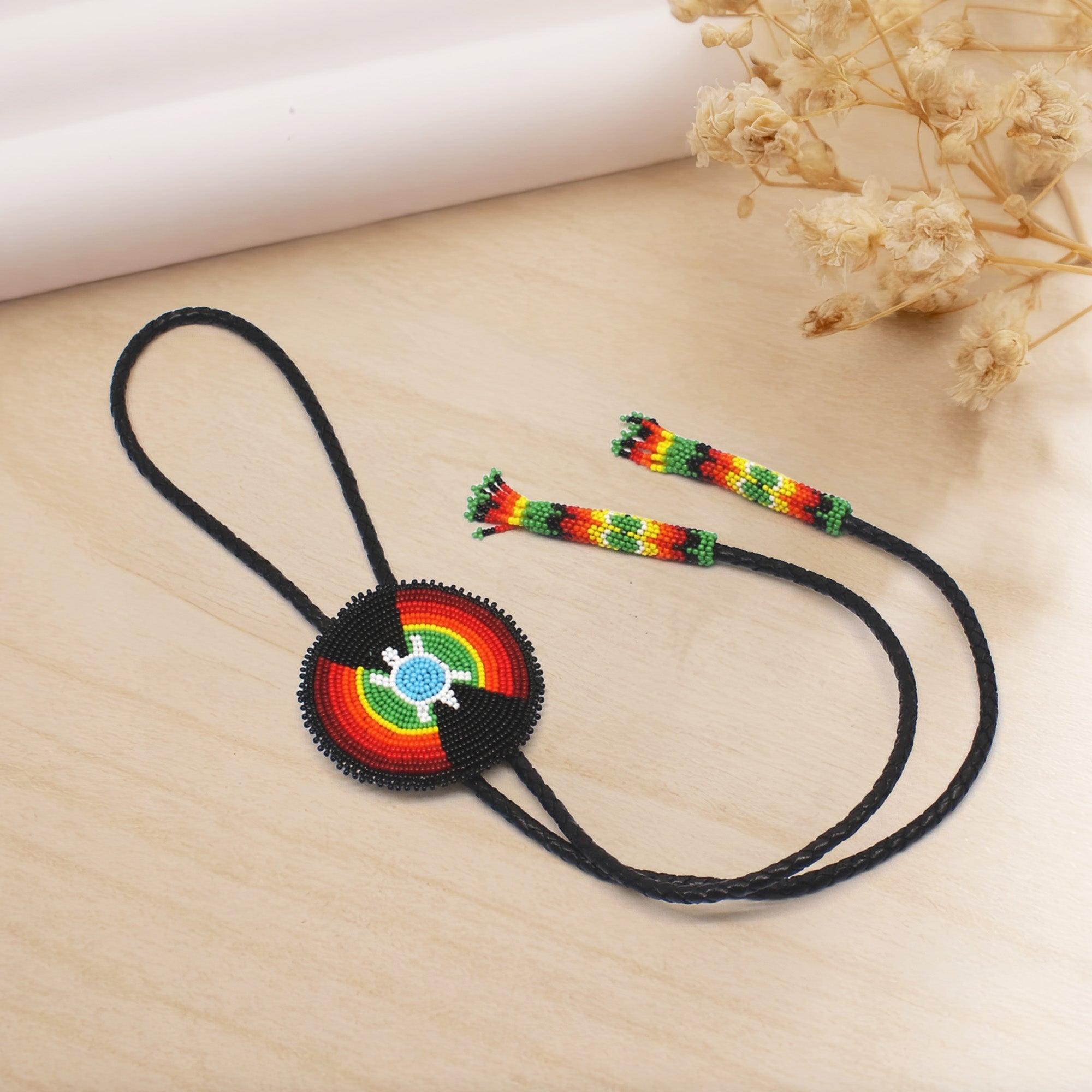SALE 50% OFF - Handmade beaded Black leather Turtle Bolo Tie Unisex With Native American Style