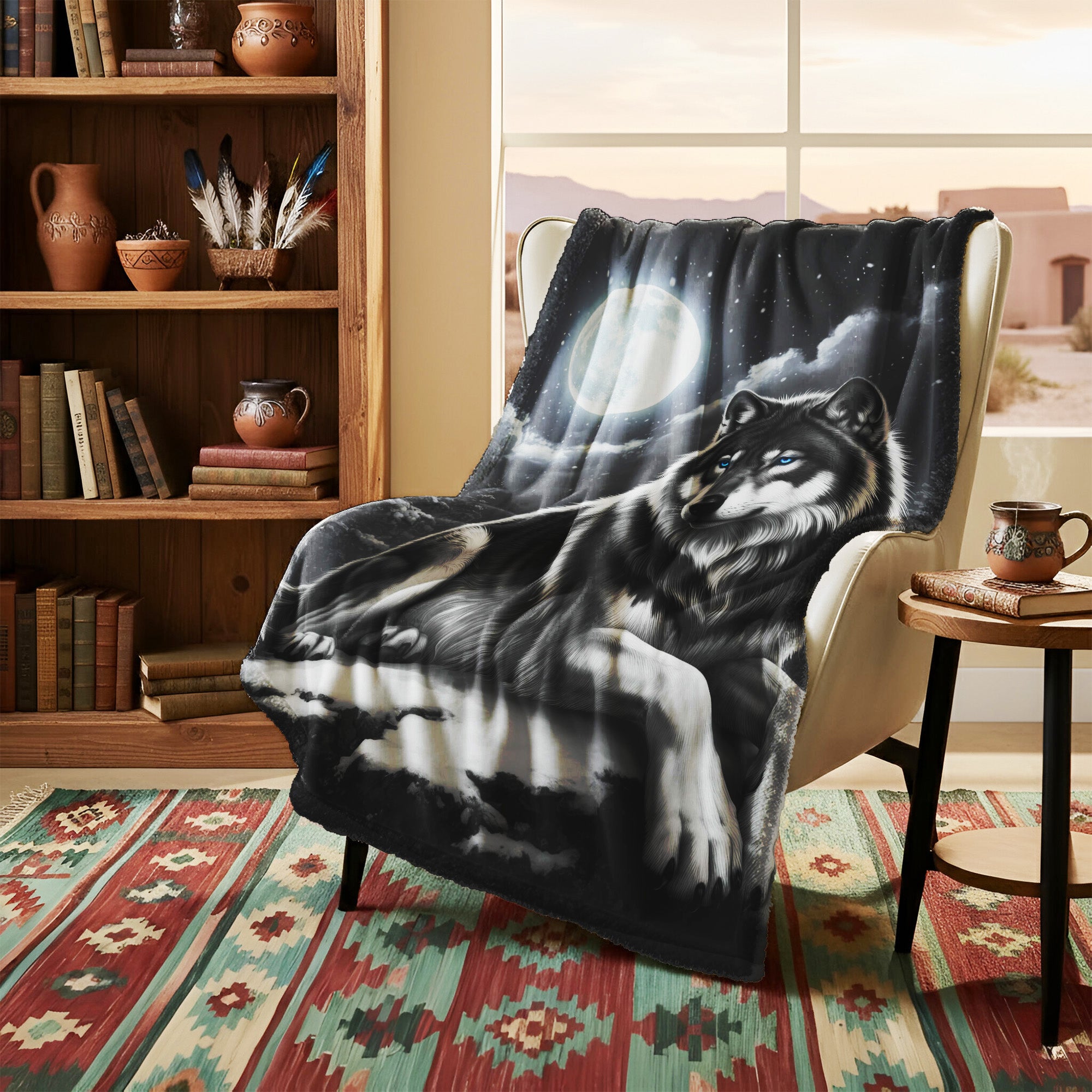 Sacred Wolf Under the Moon Native American Cozy Fleece Blanket