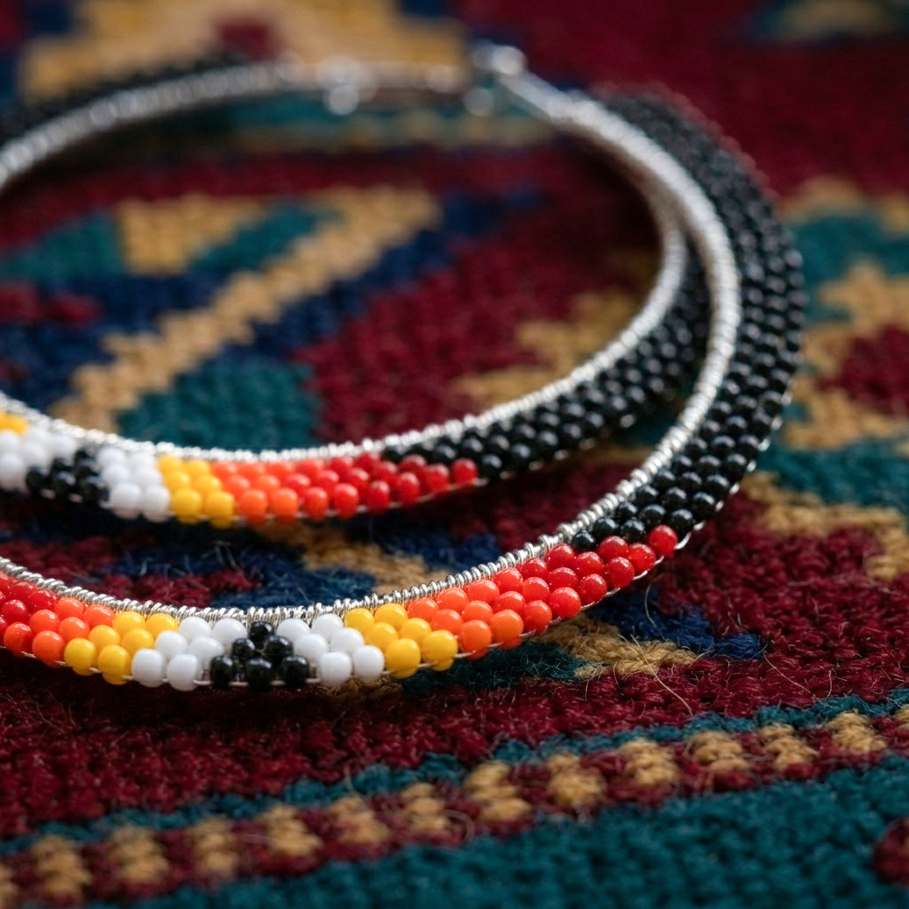 Native American Black Beaded Hoop Earrings – Red Yellow White Seed Bead Statement Jewelry