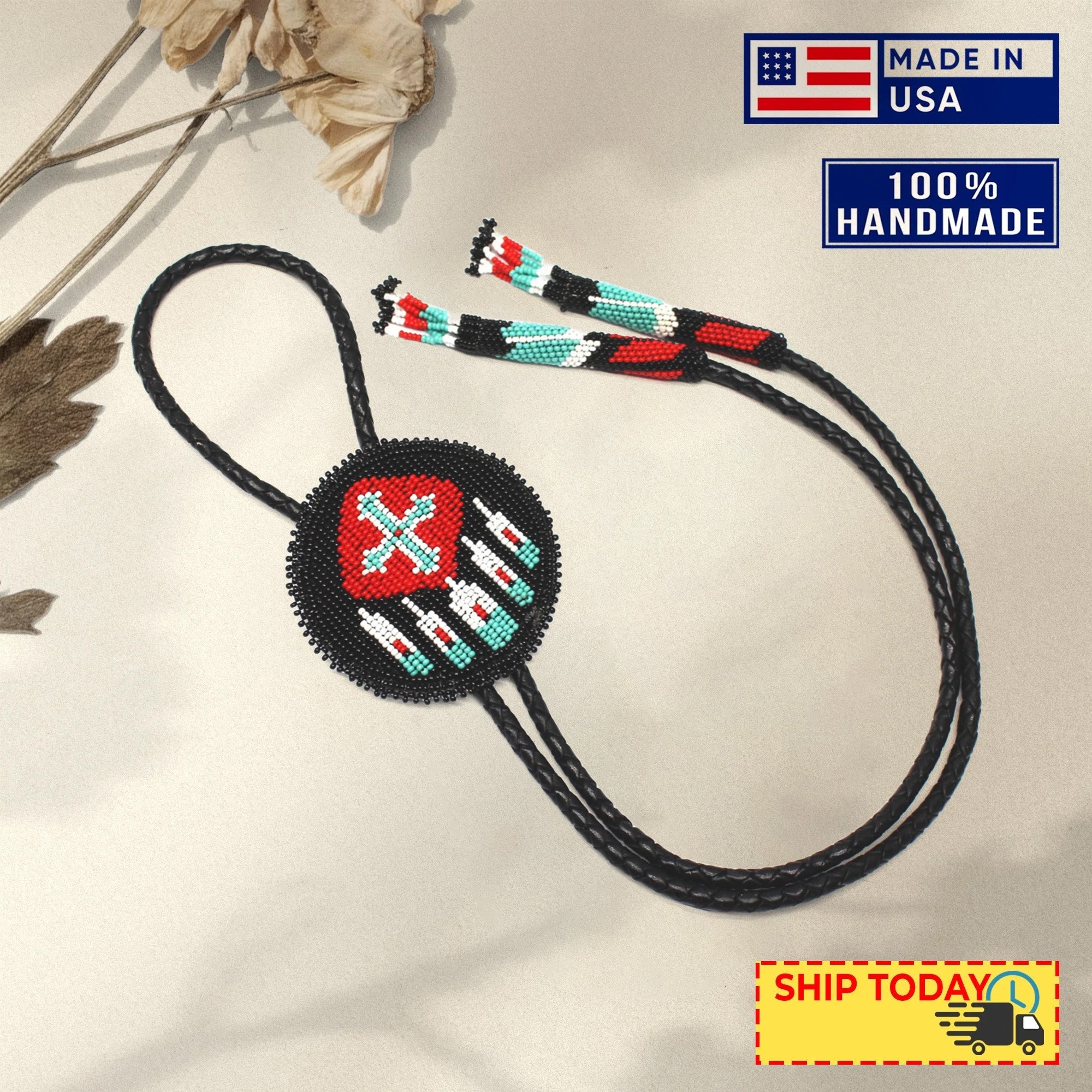 SALE 50% OFF - Handmade beaded Red Black Native style Black leather Bolo Tie Unisex