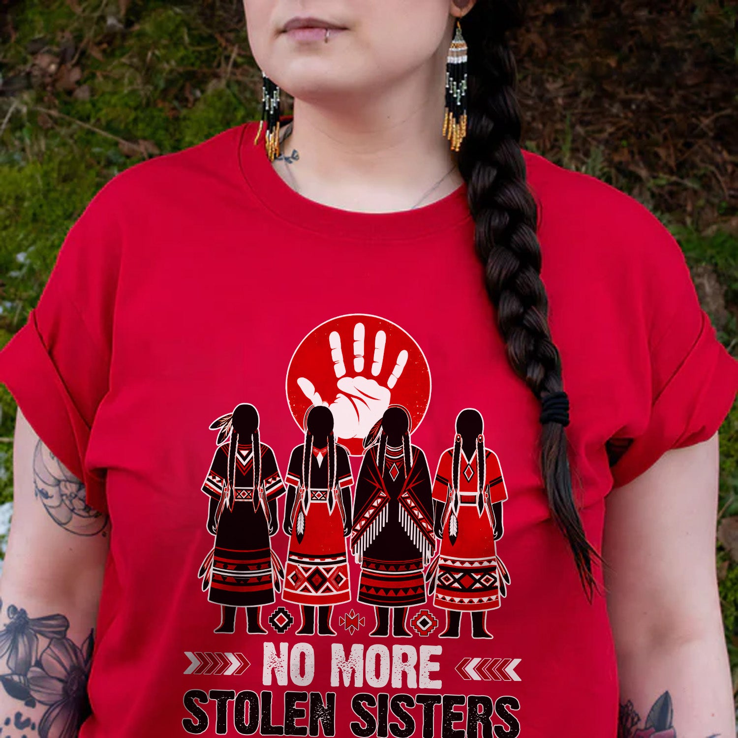 No More Stolen Sisters - Native American Red Hand & Silhouette Design Unisex T-shirt/T-shirt V-Neck/Hoodie/Sweatshirt