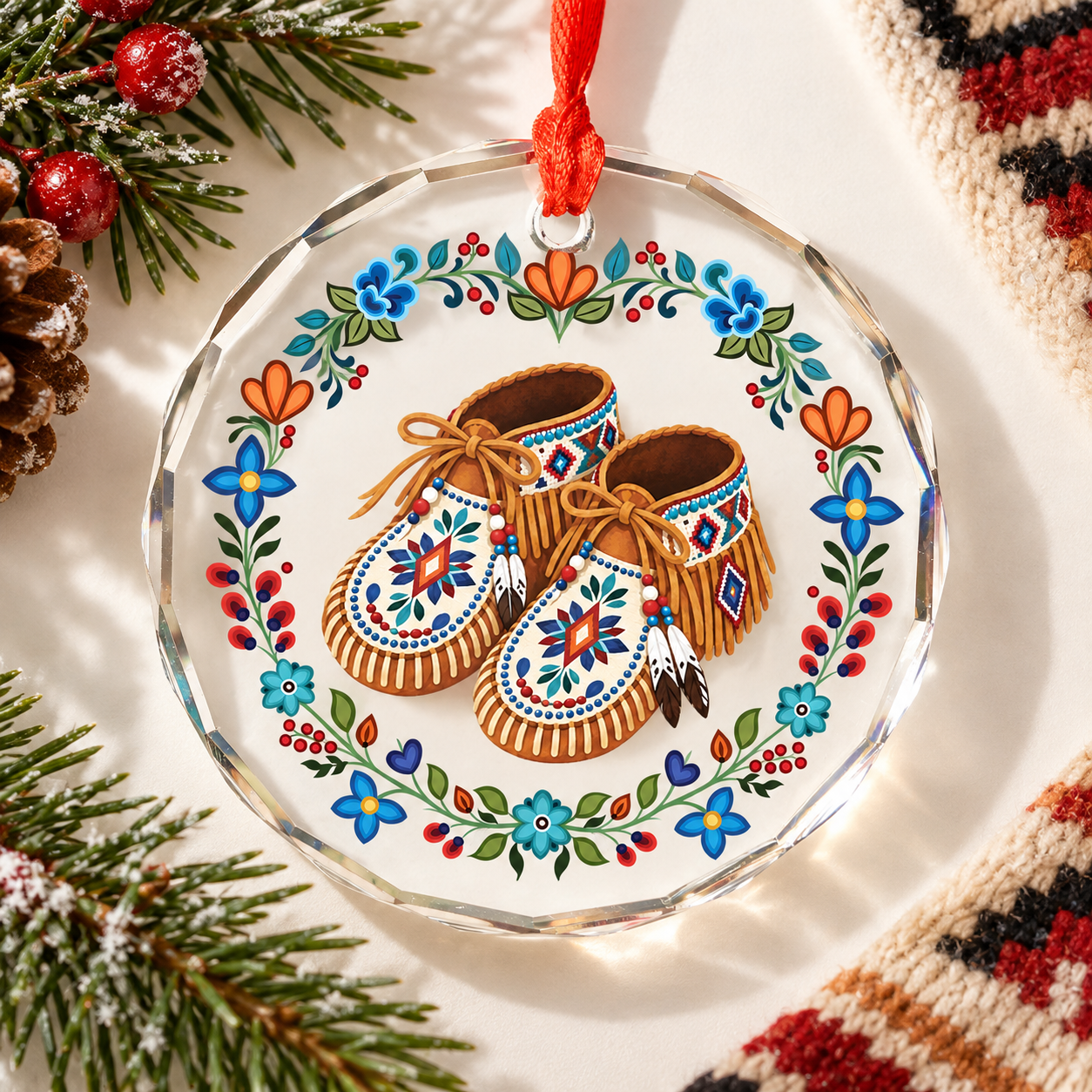 Native Floral Moccasins Glass Ornament – Indigenous Art Decor