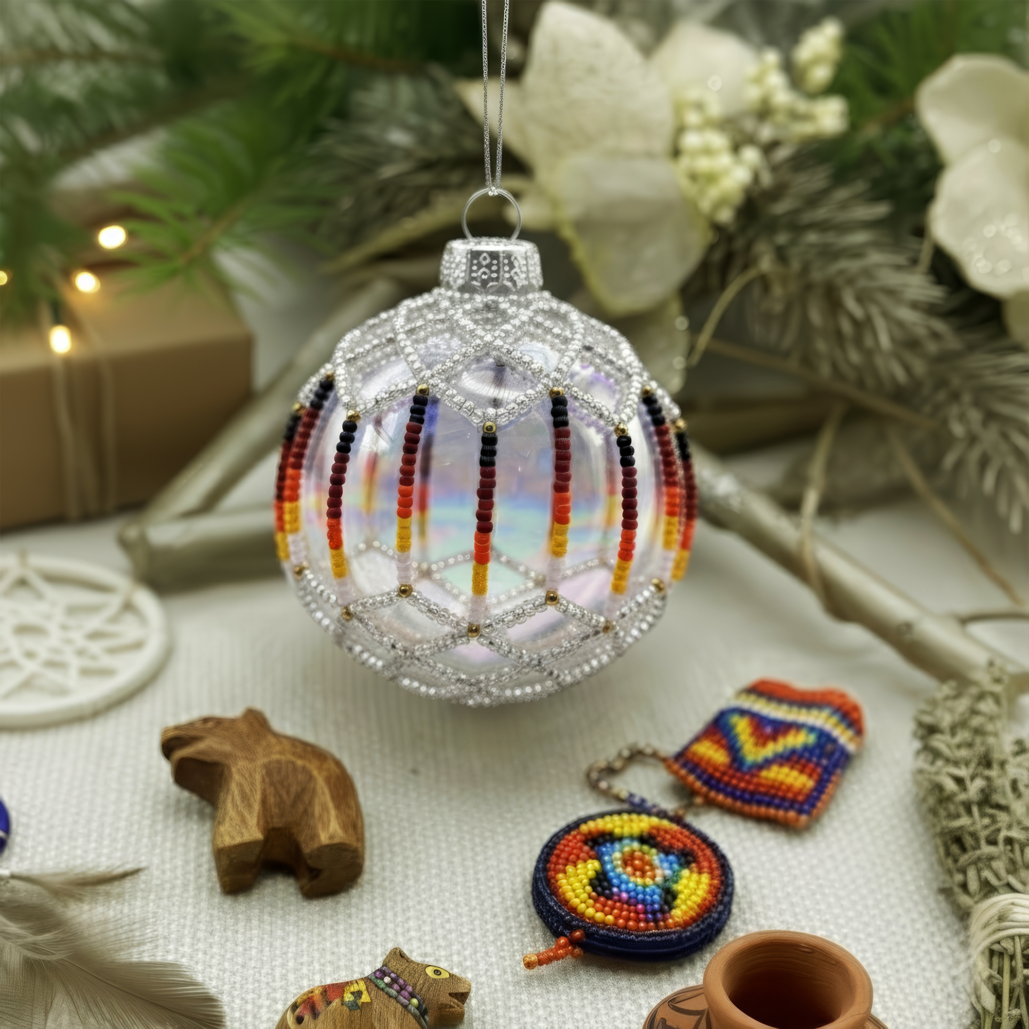 Silver Opal Beaded Ornament Handcrafted Holiday Decor Gift