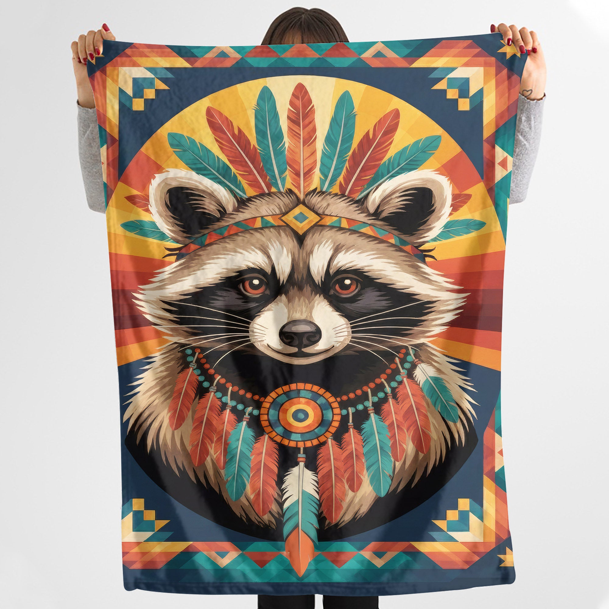 Colorful Feathered Raccoon Native American Cozy Fleece Blanket