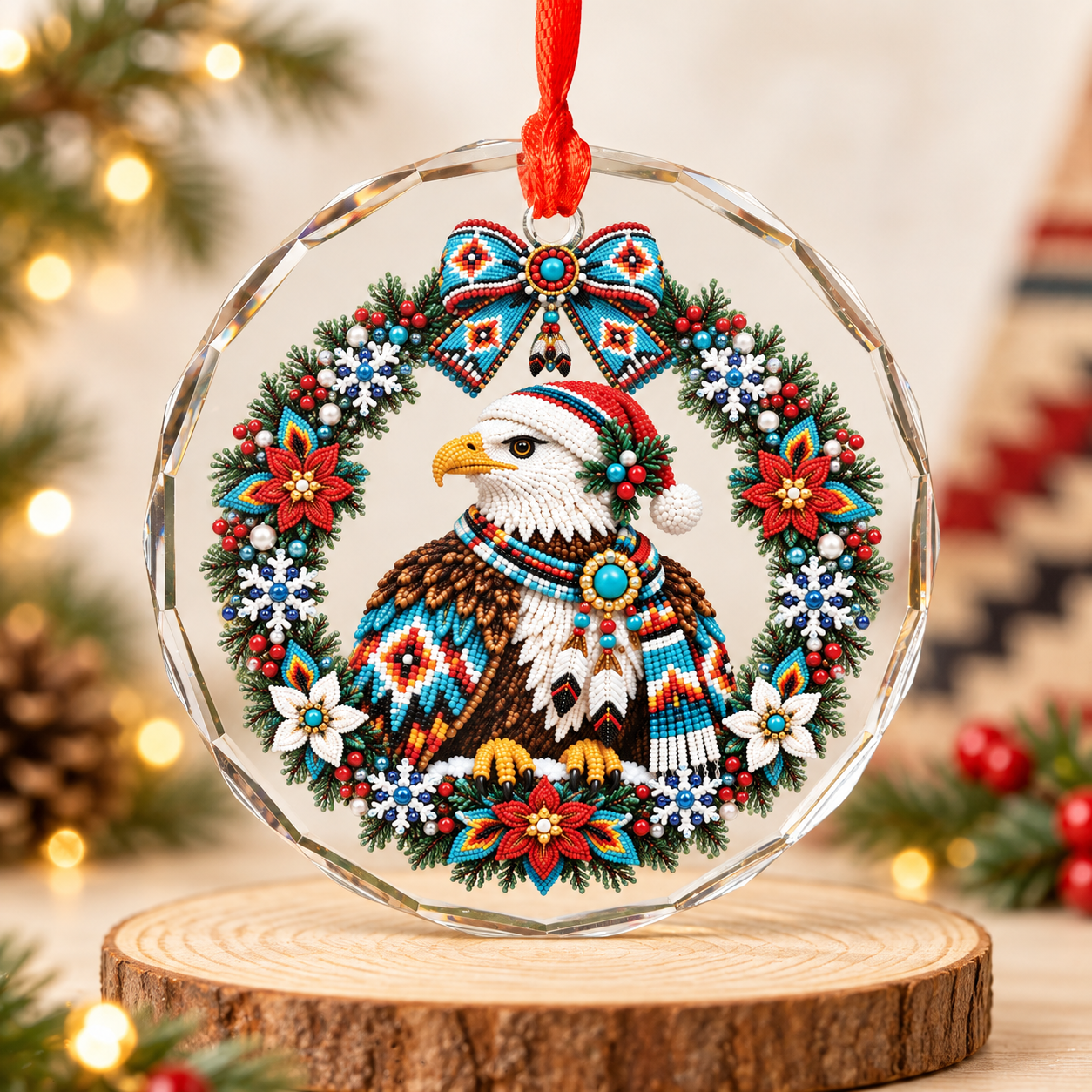 Native Beaded Eagle Santa Glass Ornament – Indigenous Art Decor