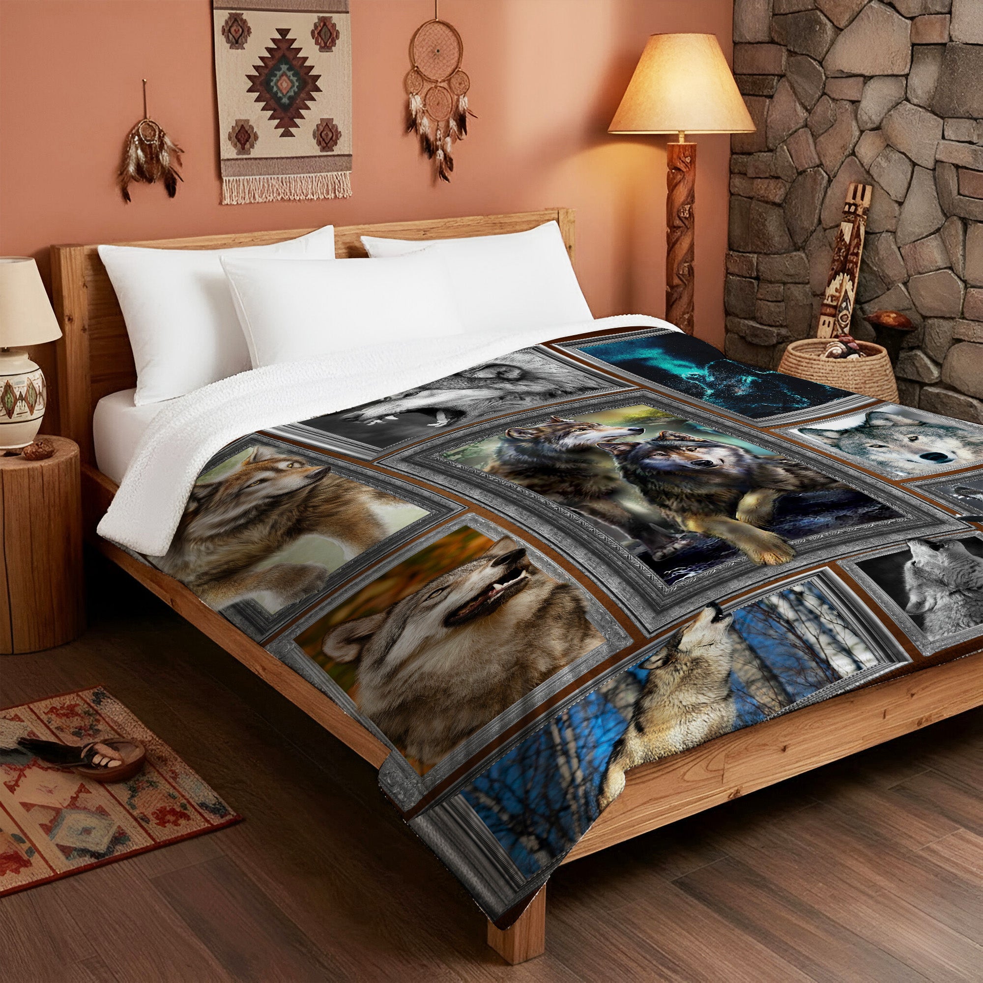 Native Wolf Flock Soft And Warm Fleece Blanket Native Premium American Style