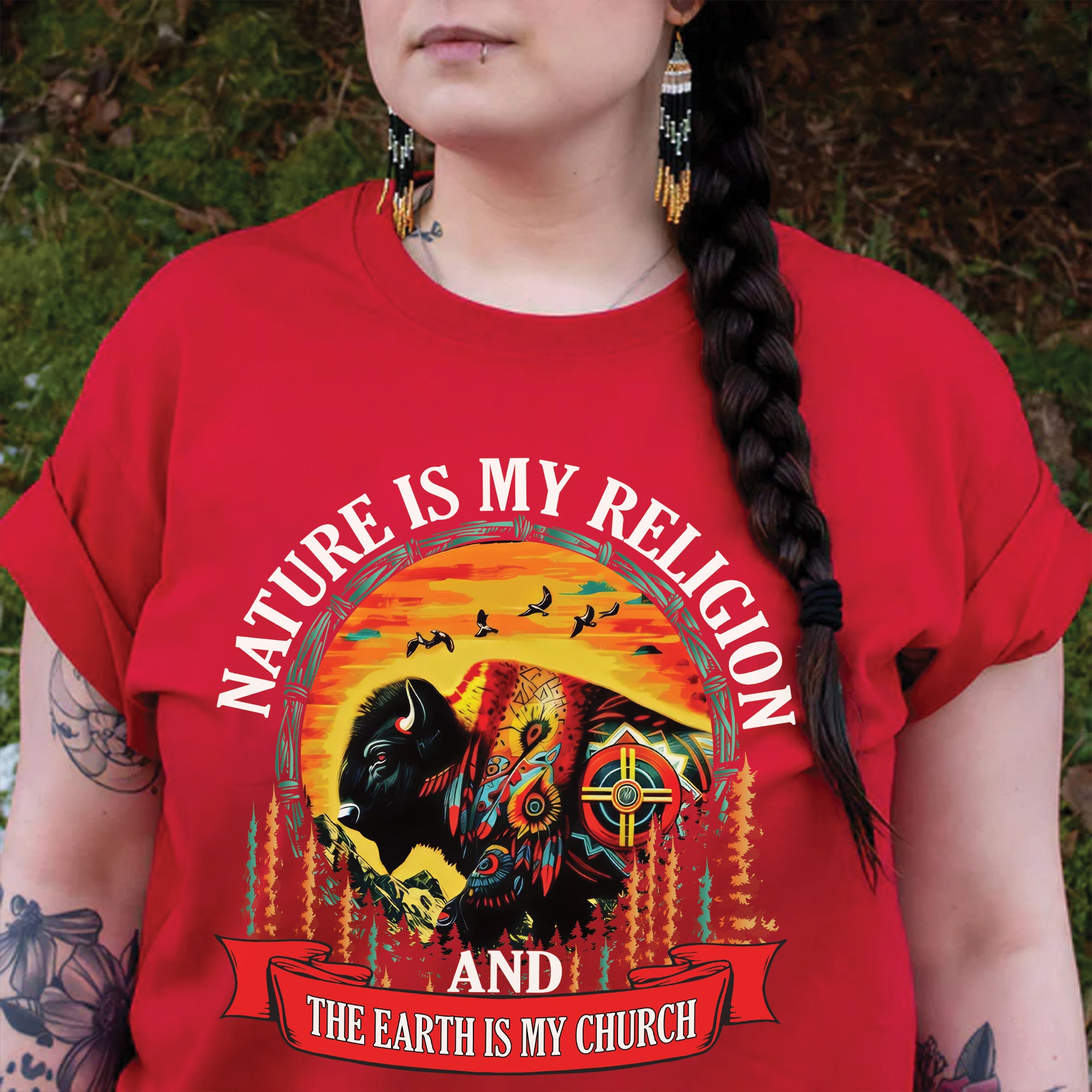 Nature Is My Religion Earth Is My Church Native American Art Buffalo Design Unisex T-shirt/T-shirt V-Neck/Hoodie/Sweatshirt