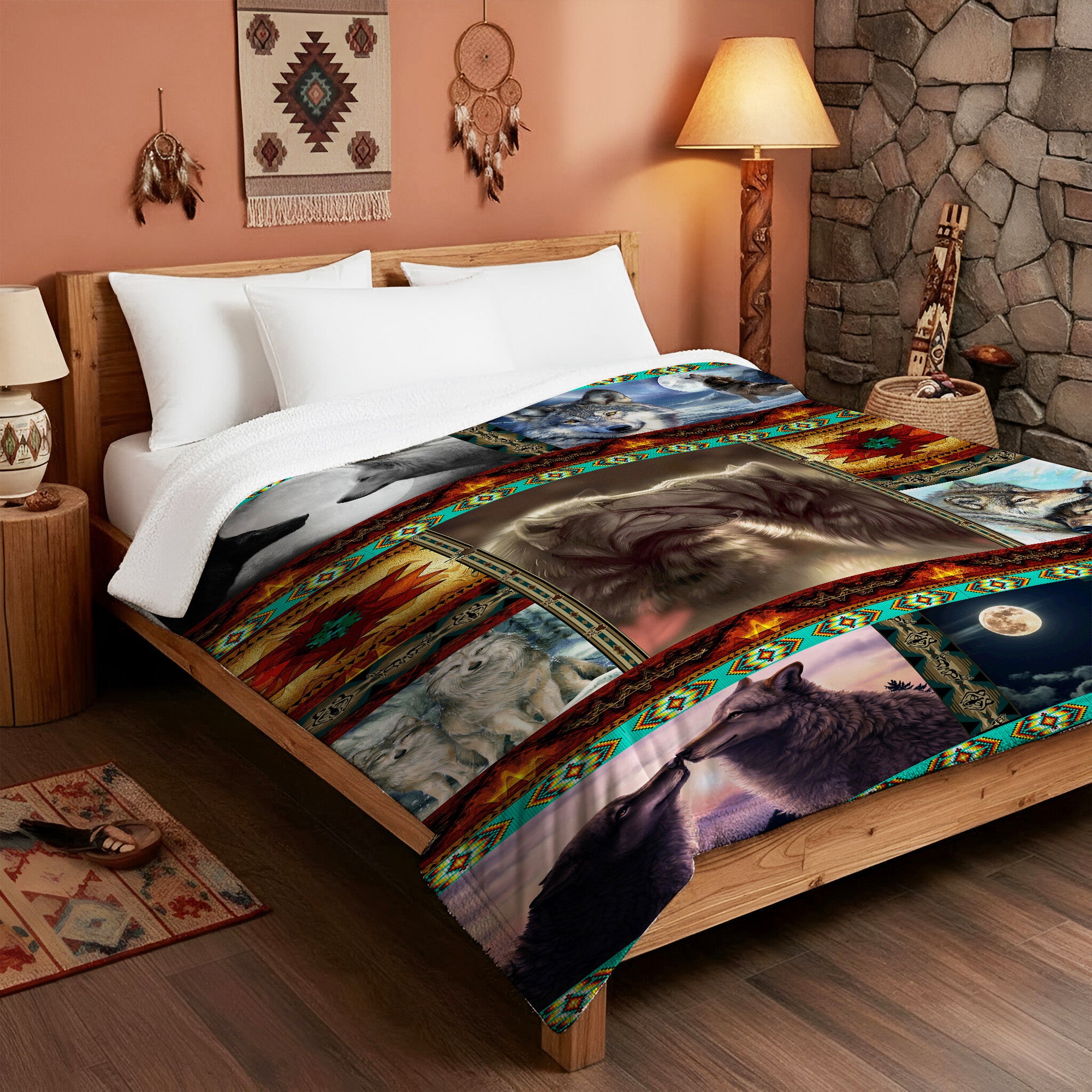 Native American Wolf Flock Fleece Blanket Soft and Warm Premium Fleece Blanket