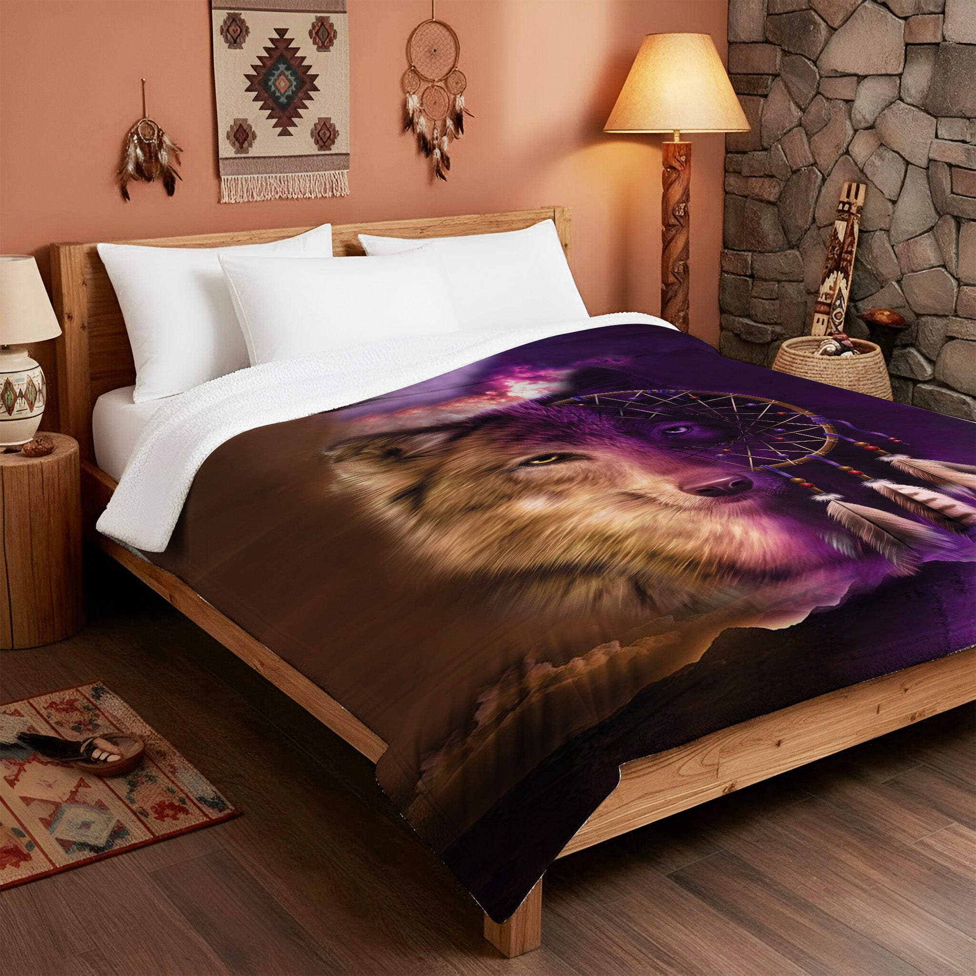 Native American Style  Wolf Native Soft And Warm Premium Fleece Blanket
