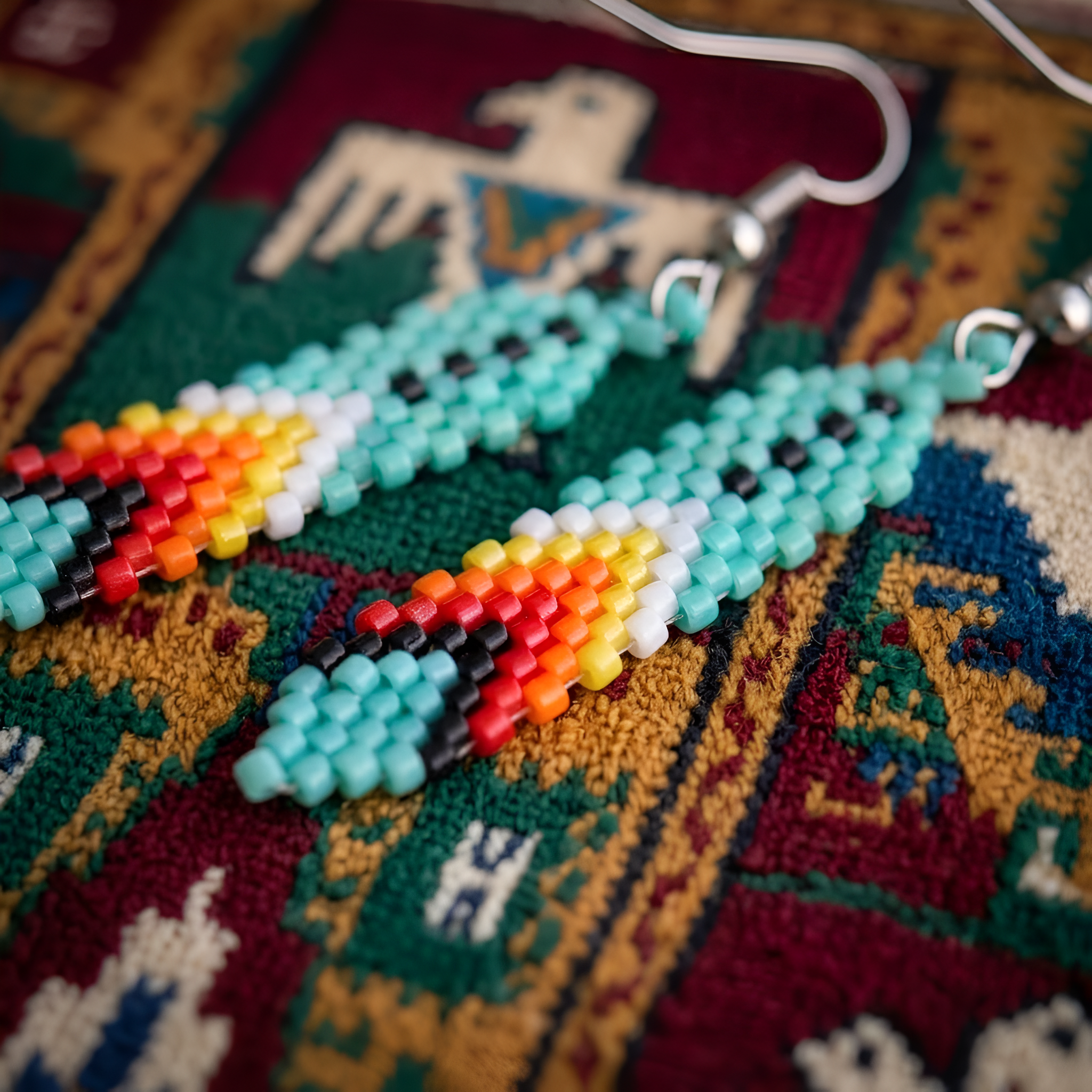 Native American Turquoise Beaded Feather Earrings – Handmade Seed Bead Jewelry