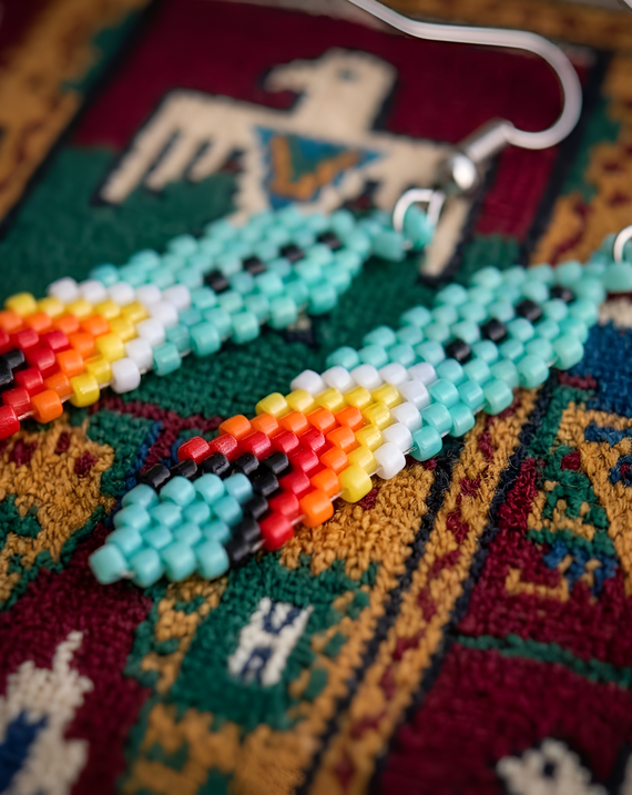 Native American Turquoise Beaded Feather Earrings – Handmade Seed Bead Jewelry