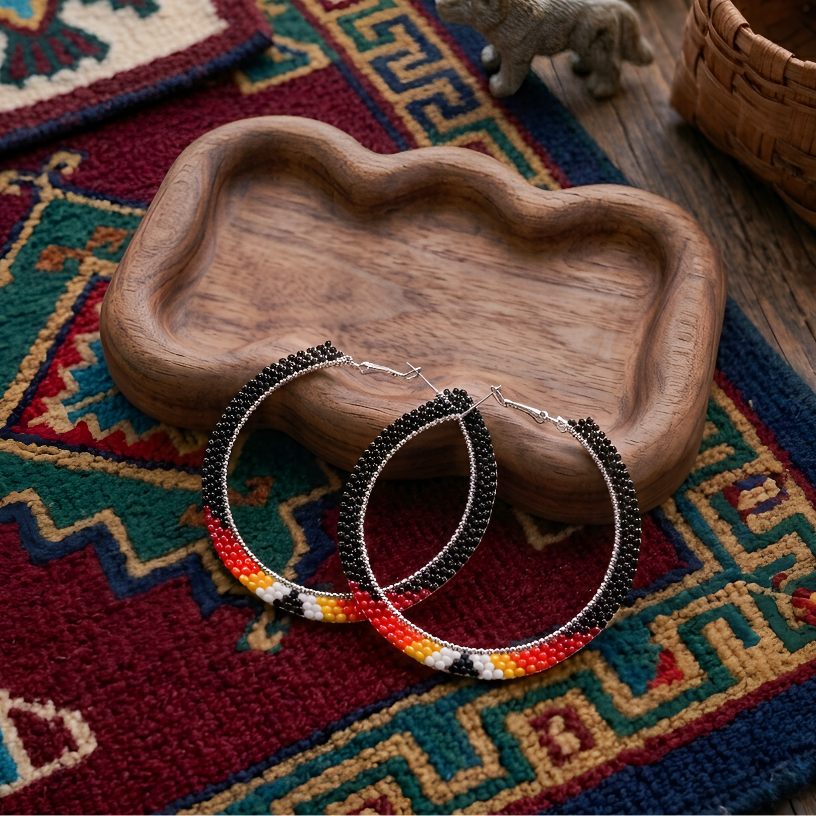 Native American Black Beaded Hoop Earrings – Red Yellow White Seed Bead Statement Jewelry