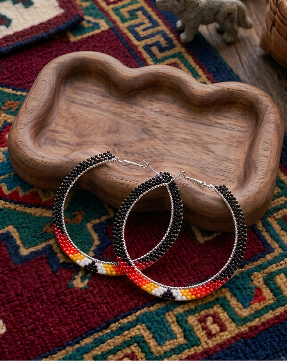 Native American Black Beaded Hoop Earrings – Red Yellow White Seed Bead Statement Jewelry