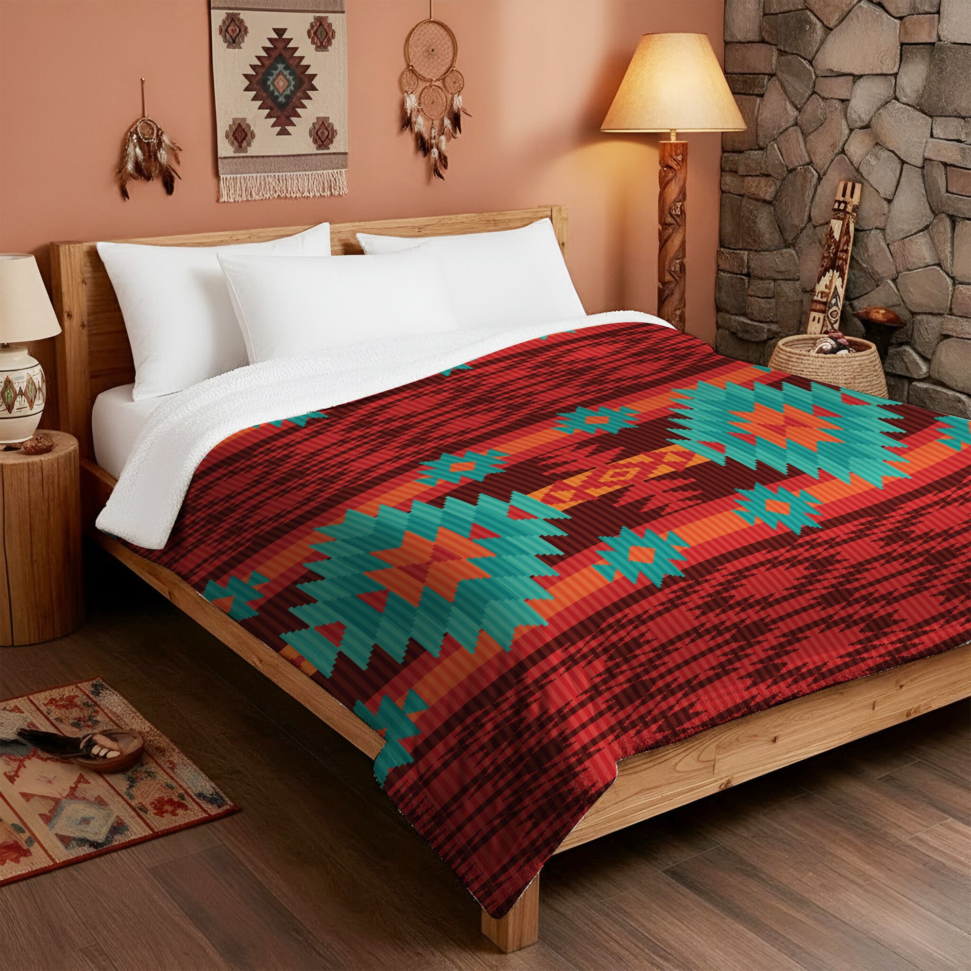 Native American Style Red Pattern Fleece Blanket