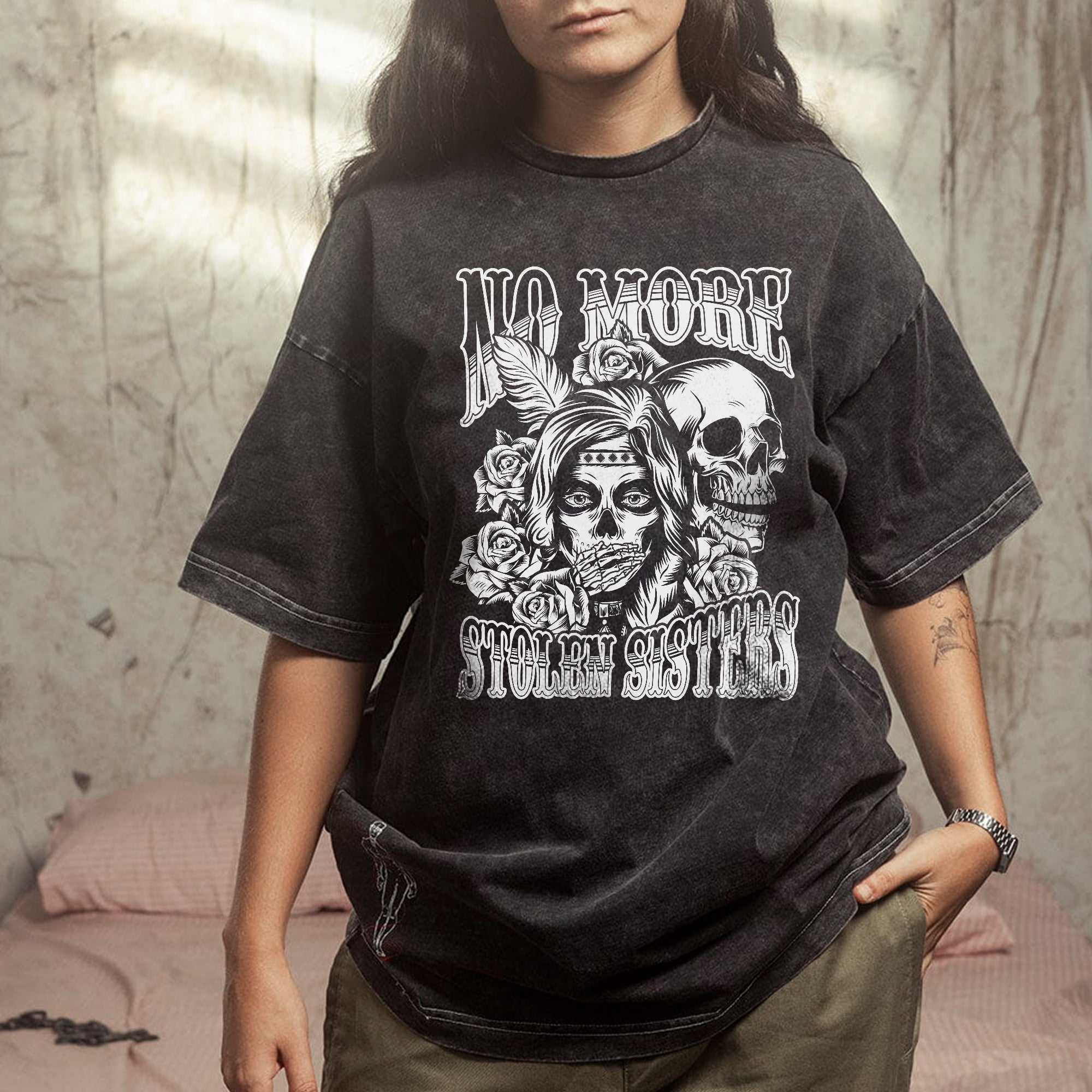 No More Stolen Sisters – Powerful MMIW Statement Unisex Mineral Washed T-Shirt