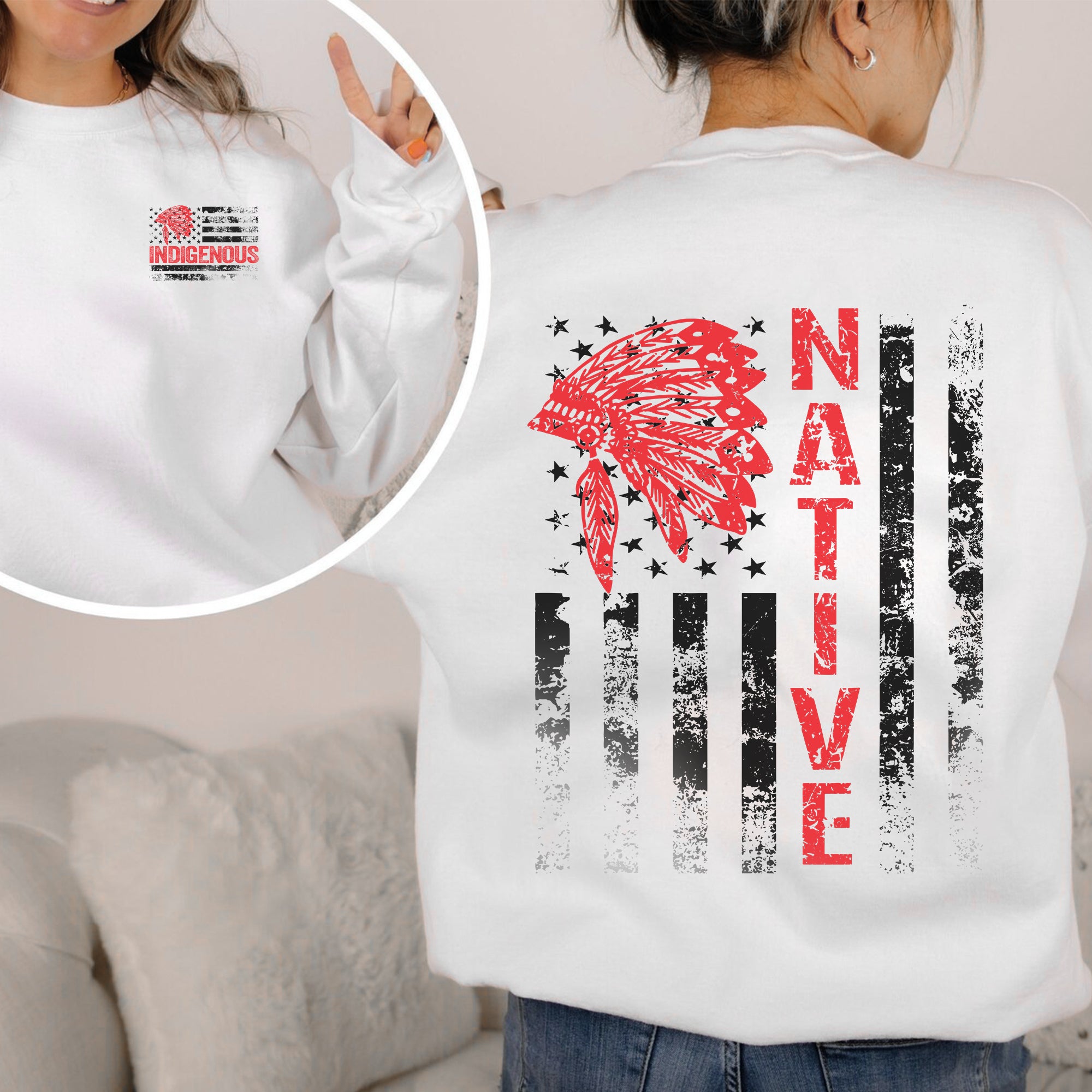 Indigenous American Flag T-Shirt – Native Pride Red Headdress Unisex T-Shirt/T-Shirt V-Neck/Hoodie/Sweatshirt Two Sides
