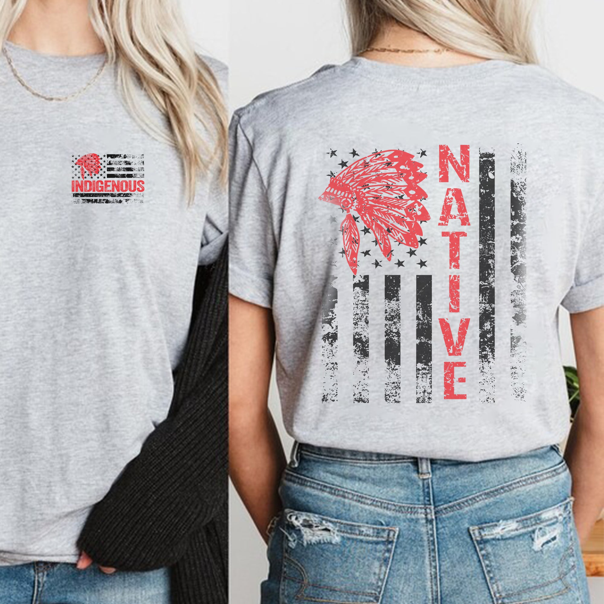 Indigenous American Flag T-Shirt – Native Pride Red Headdress Unisex T-Shirt/T-Shirt V-Neck/Hoodie/Sweatshirt Two Sides