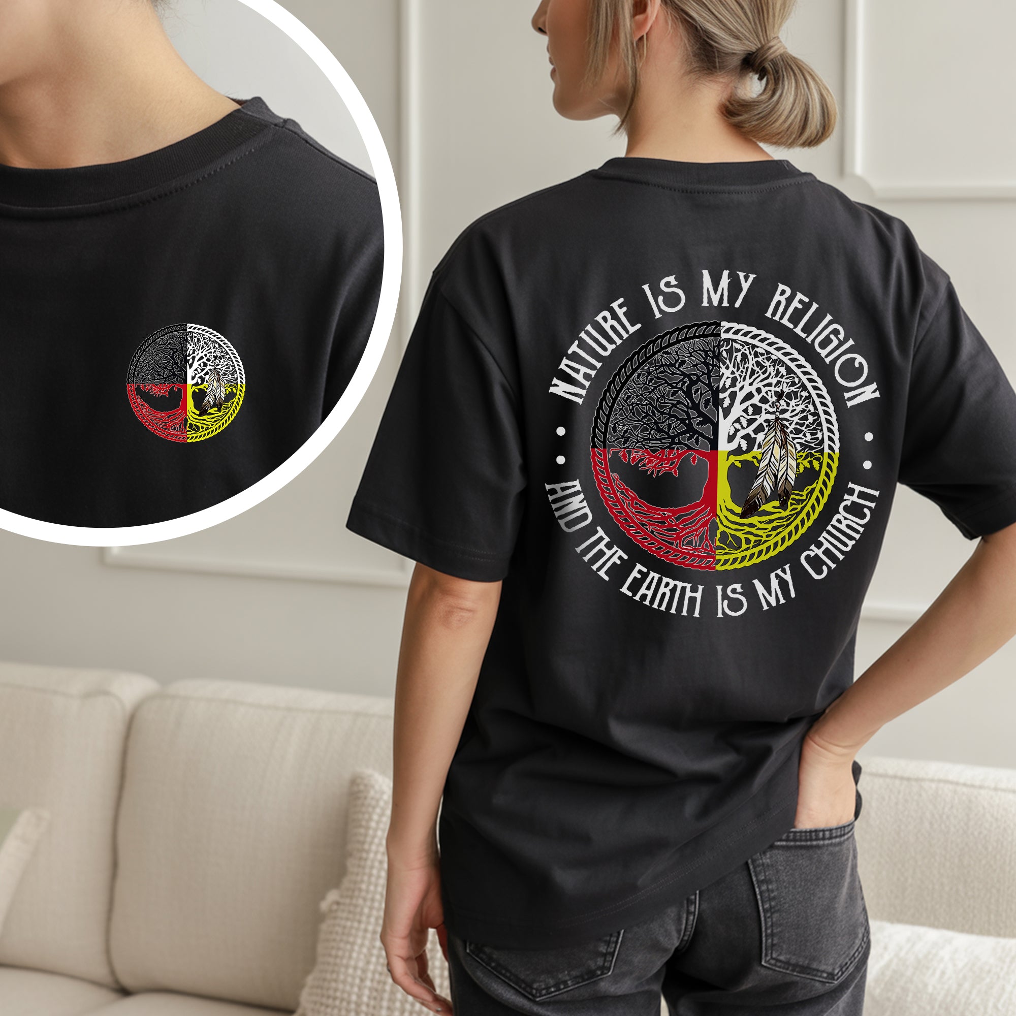 [Two Sides] Nature Is My Religion Four Directions Sacred Circle - Unisex T-Shirt/T-Shirt V-Neck/Hoodie/Sweatshirt - Two Sides