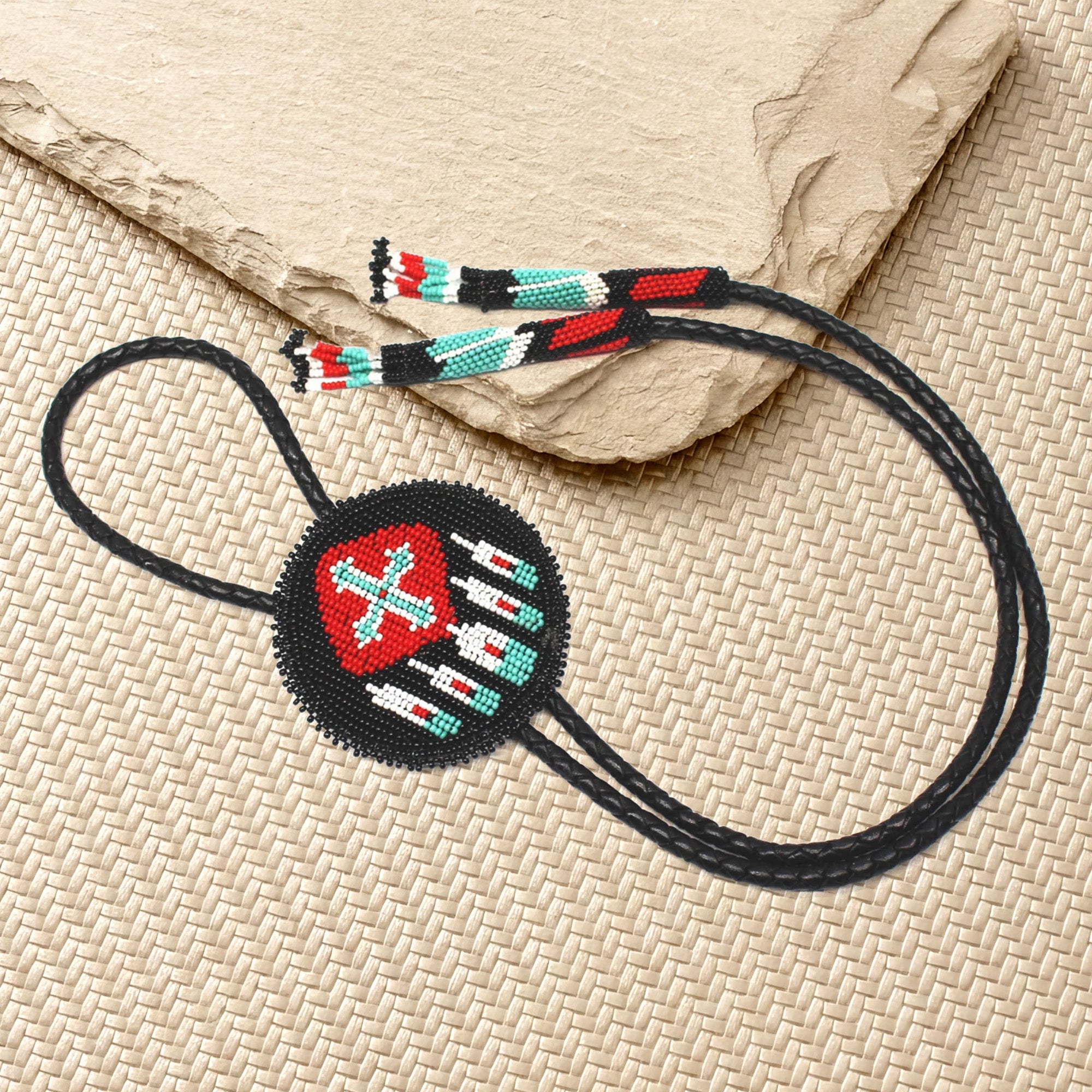 SALE 50% OFF - Handmade beaded Red Black Native style Black leather Bolo Tie Unisex