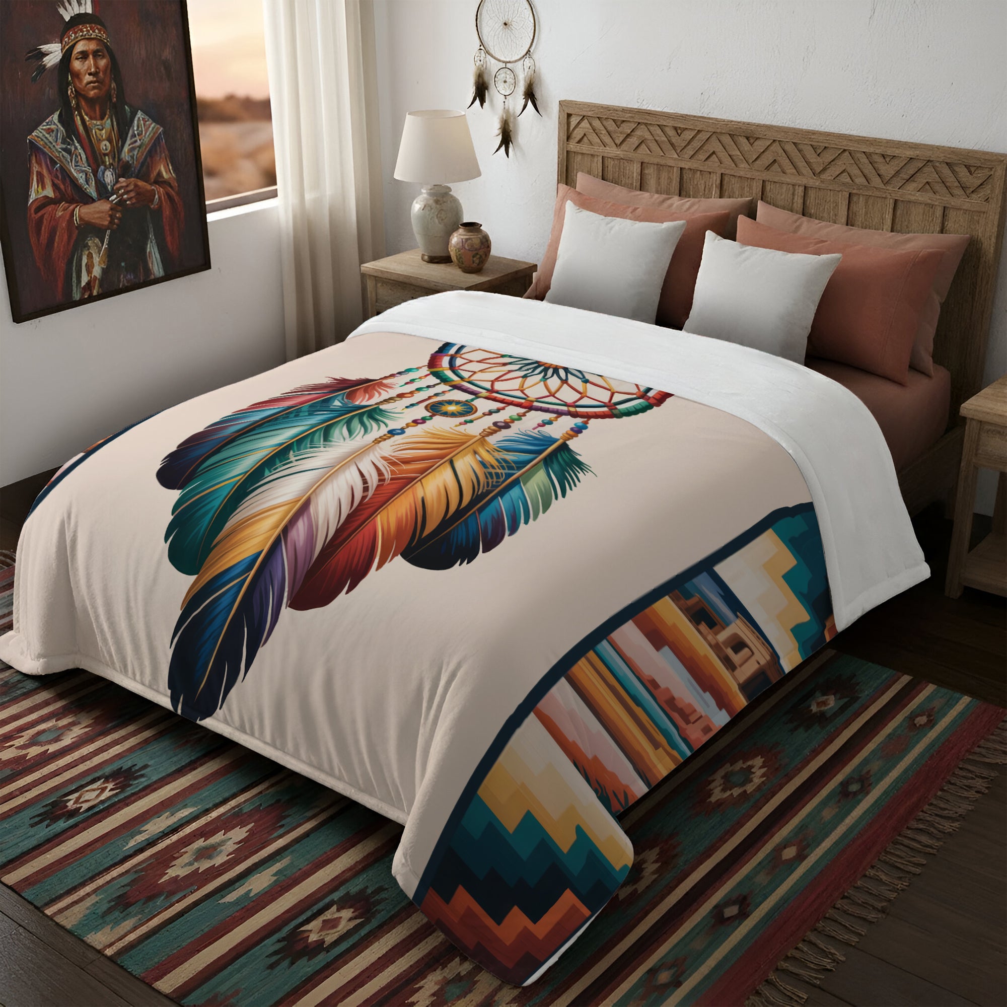 "The Dream Weaver" Boho Feather Native American Cozy Fleece Blanket