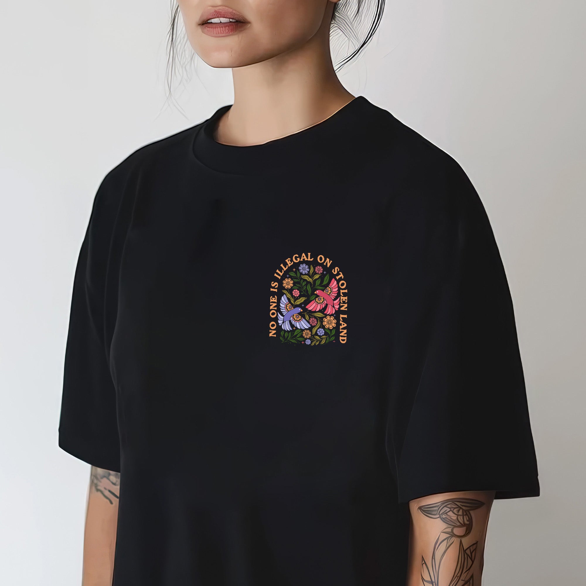 No One Is Illegal on Stolen Land We Walk on Native Land Indigenous Solidarity Floral Birds Unisex T-shirt/V-neck T-shirt/Hoodie/Sweatshirt Two Sides