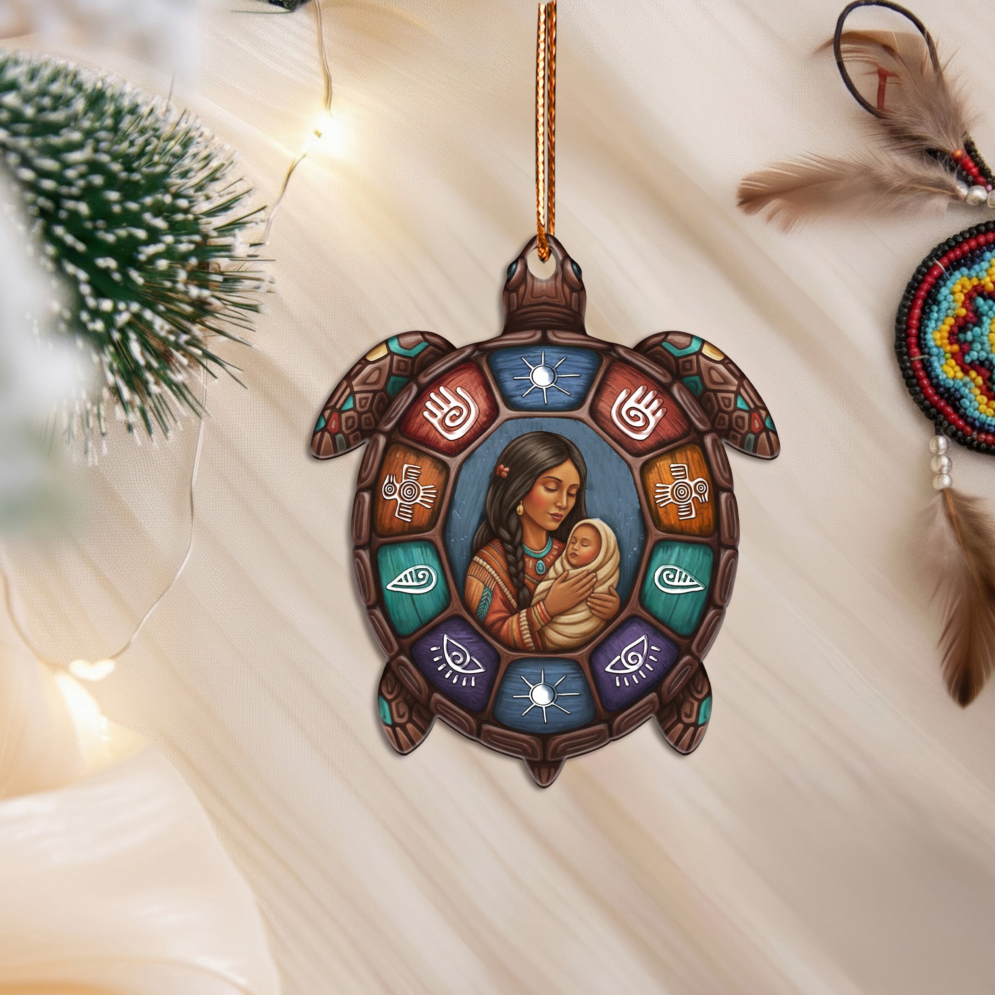 Native Mother and Child Turtle Ornament Unique Christmas Gift Decor Flat Acrylic
