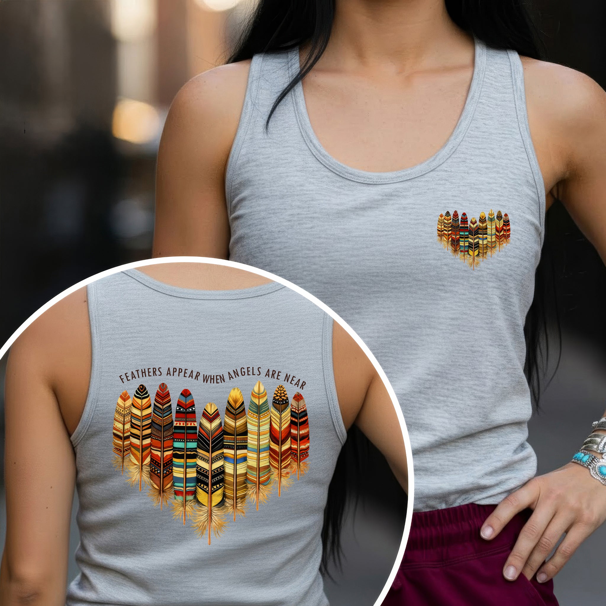 [Two Sides] Feathers Appear When Angels Are Near – Indigenous Women Native American Unisex Tank Top/Long Sleeve/Hoodie Zip