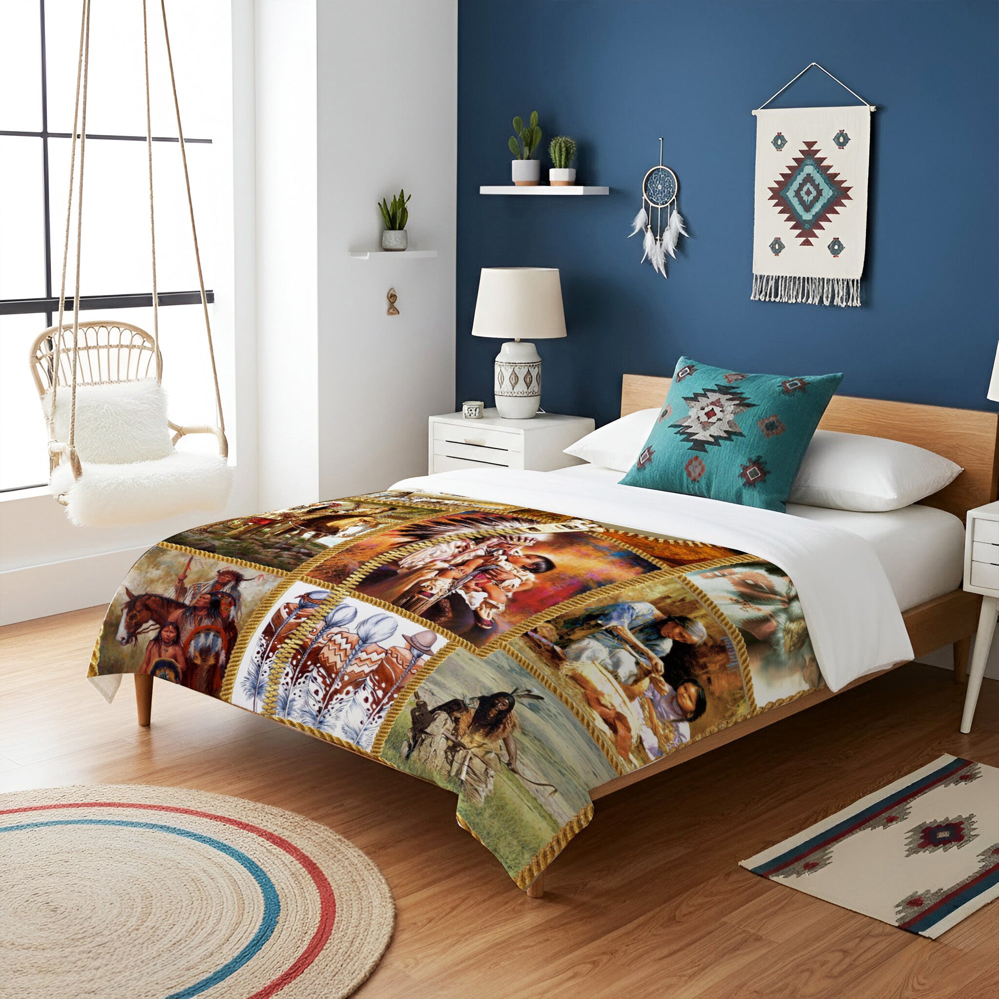 Native American Style Indigenous Family Soft and Warm Premium Fleece Blanket