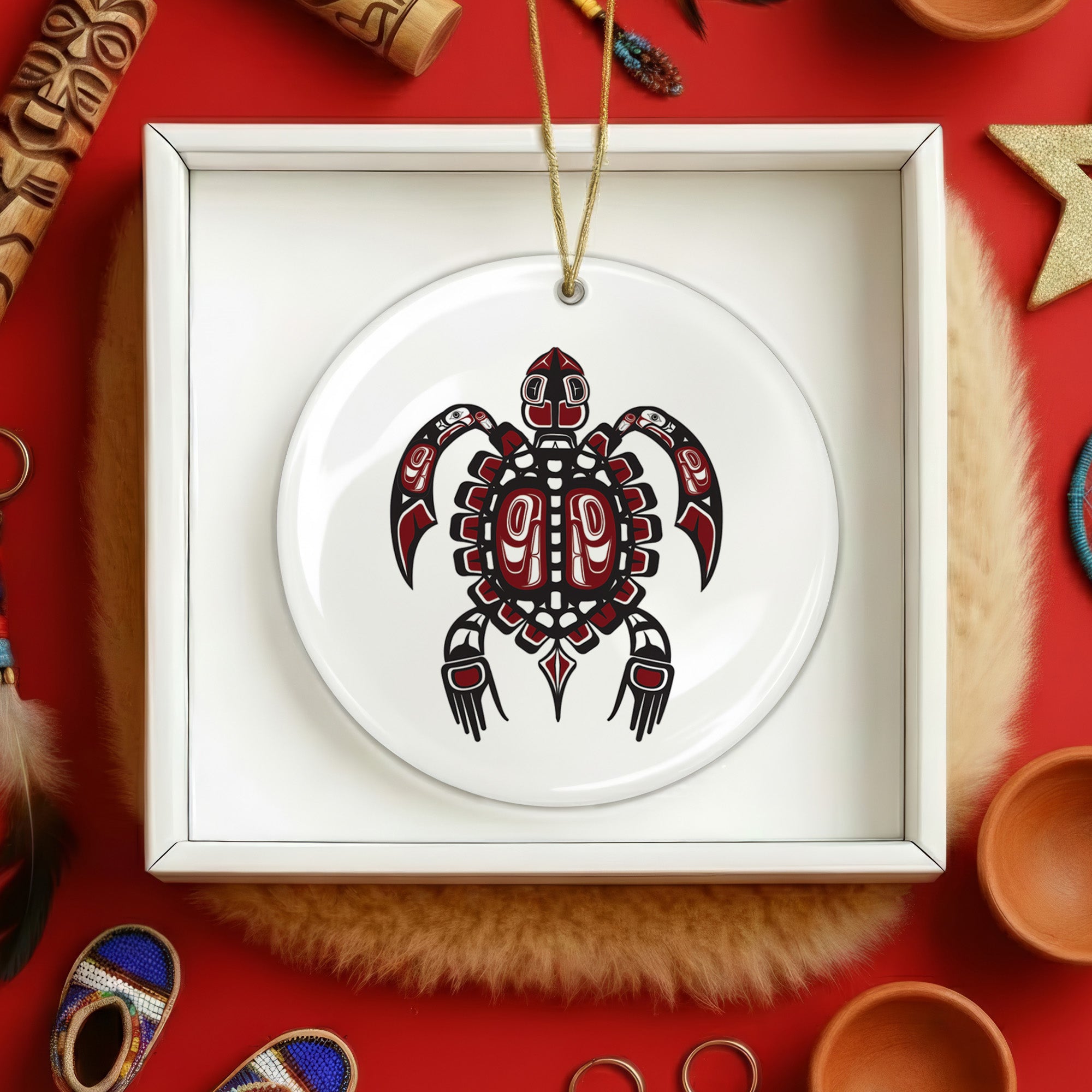 Native Turtle Spirit Ceramic Ornament – Handcrafted Indigenous Art Decoration