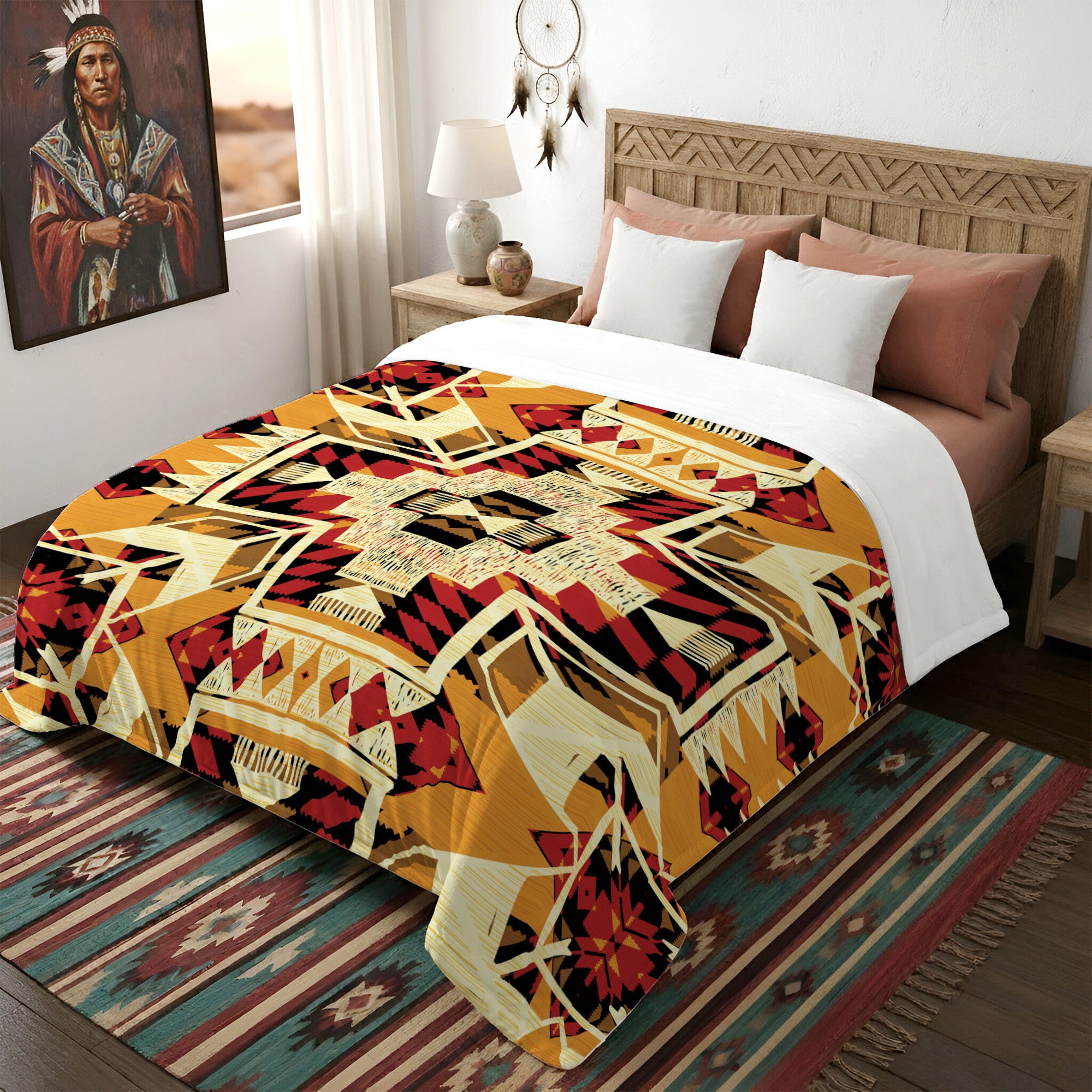 Native American Yellow Pattern Soft And Warm Premium Fleece Blanket