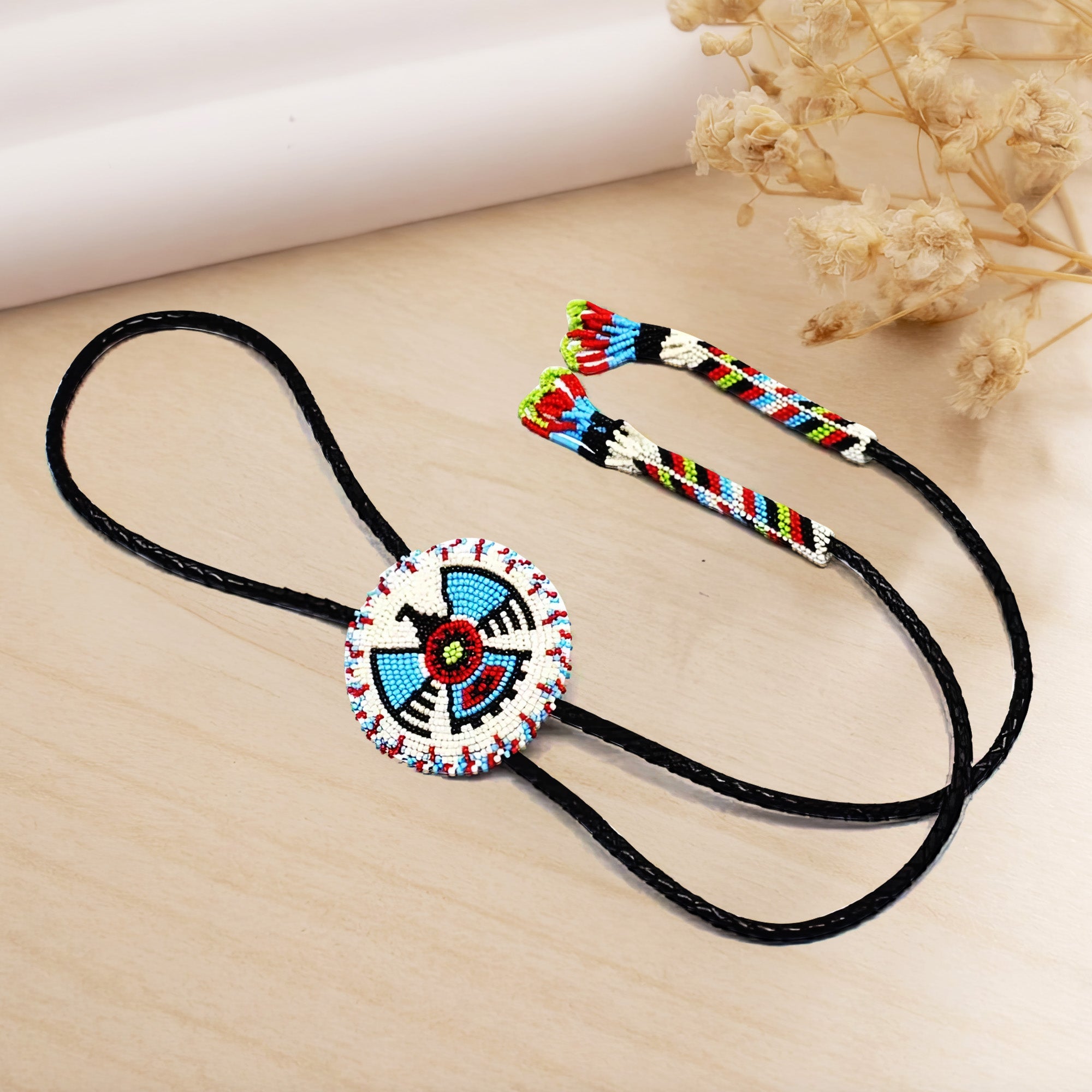 SALE 50% OFF - Handmade Cream Thunderbird Leather Bolo Tie with Beading Handmade Star Beadwork Unisex With Native American Style