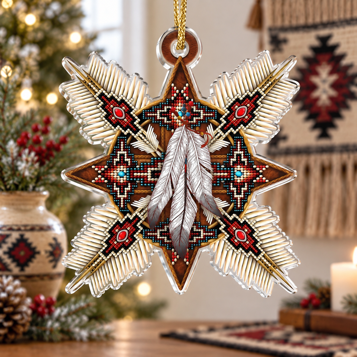 Native Beaded Star Ornament with Feathers Unique Gift Decor Flat Acrylic