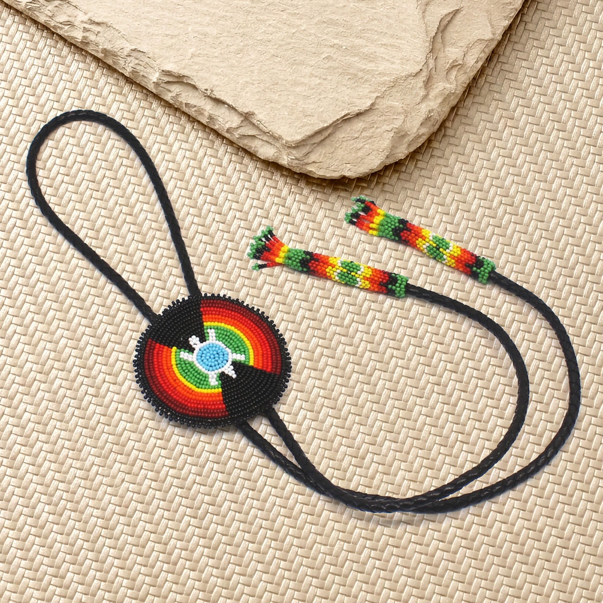 SALE 50% OFF - Handmade beaded Black leather Turtle Bolo Tie Unisex With Native American Style