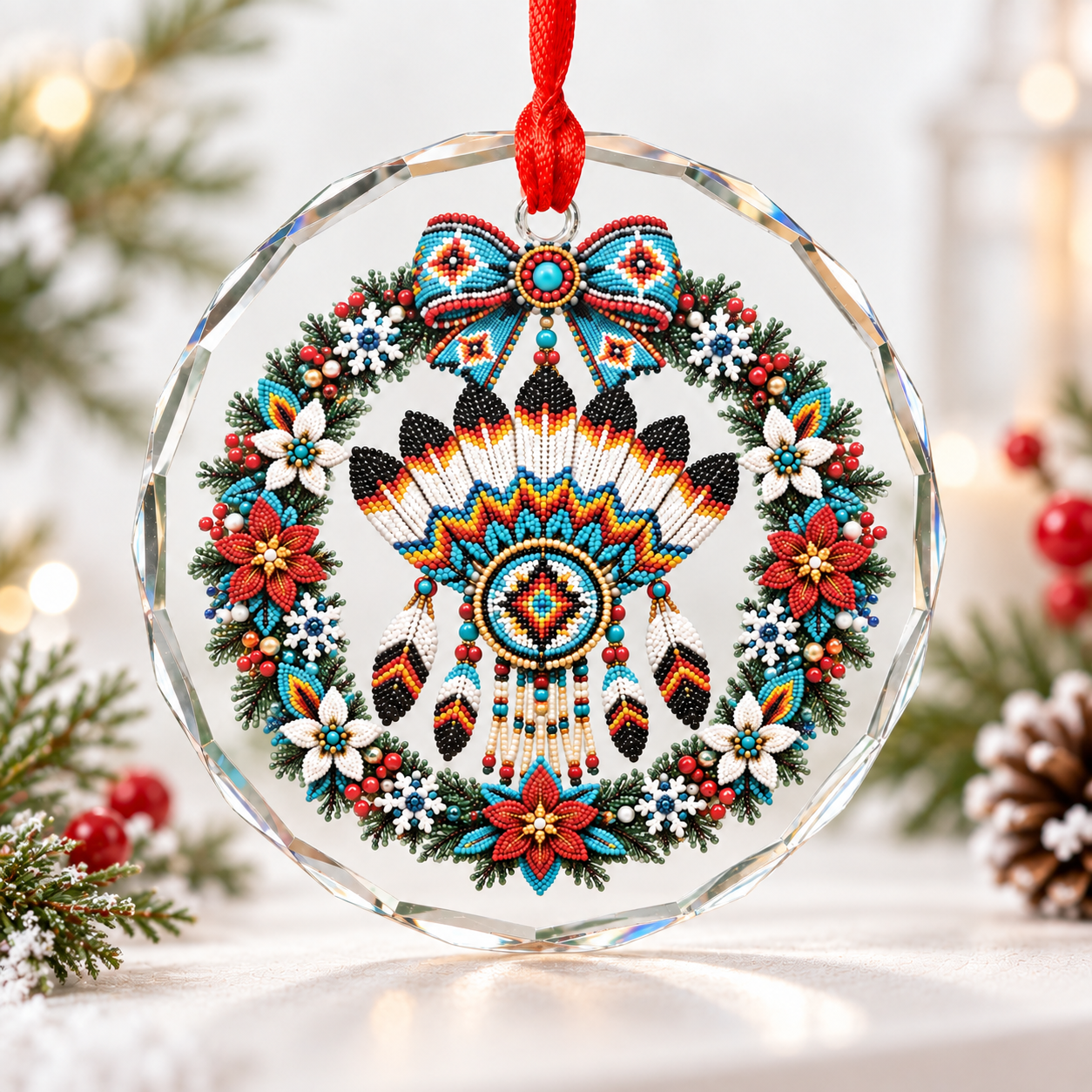 Native Beaded Chief Headdress Glass Ornament – Indigenous Art Decor