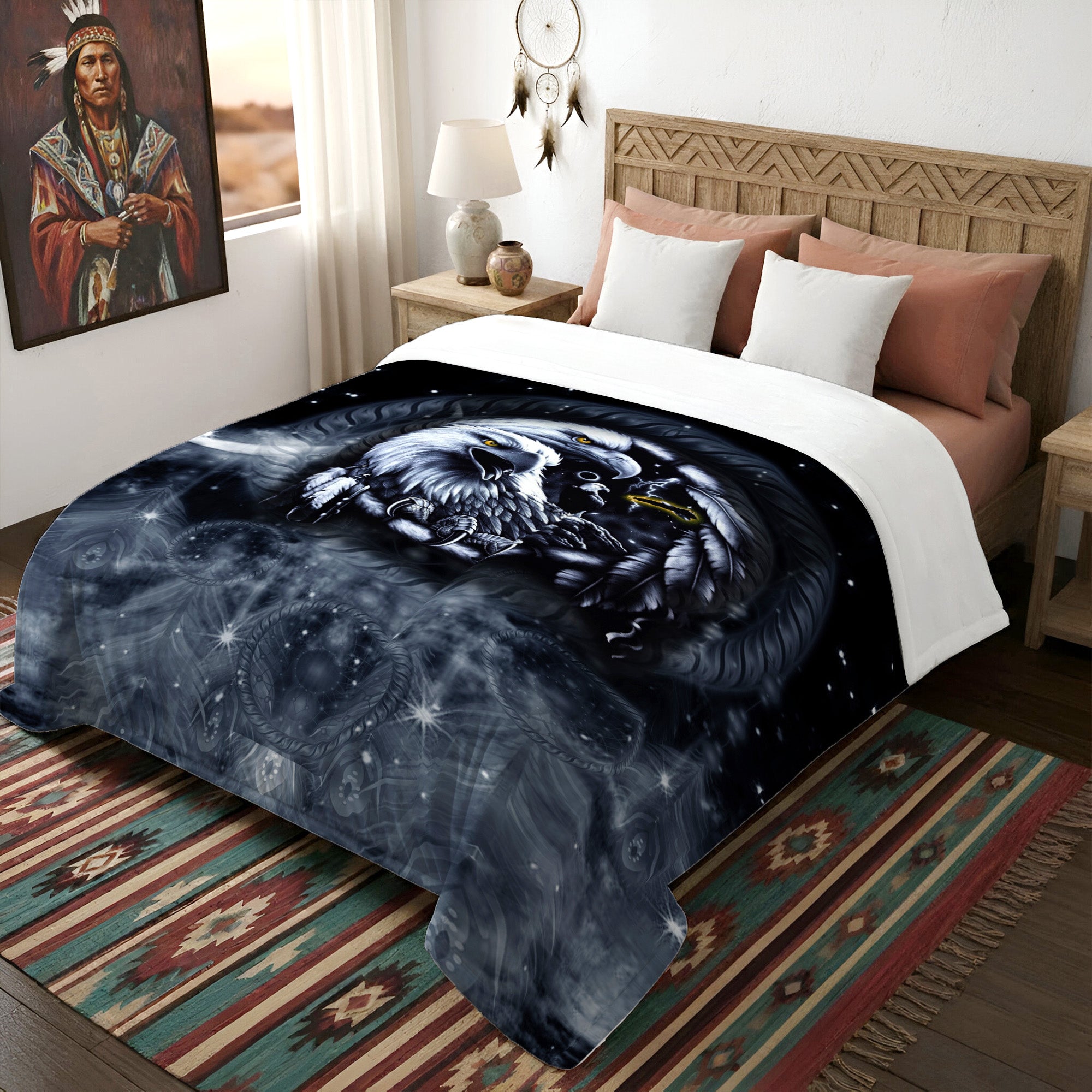 Native American Style Black Night Eagle Birds Soft and Warm Premium Fleece Blanket
