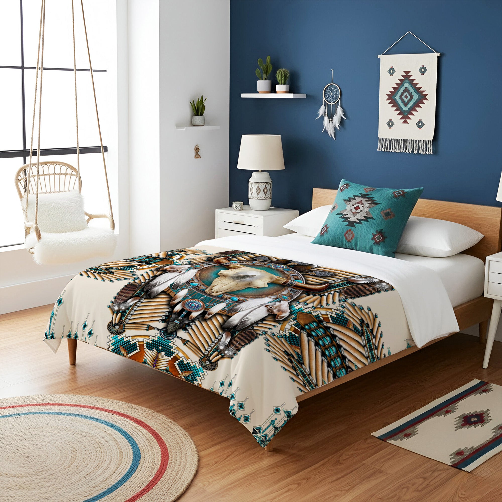 Native American Buffalo Head Motifs Premium Fleece Blanket, Turiquoise Native Indian Pattern Feather Fleece Blanket