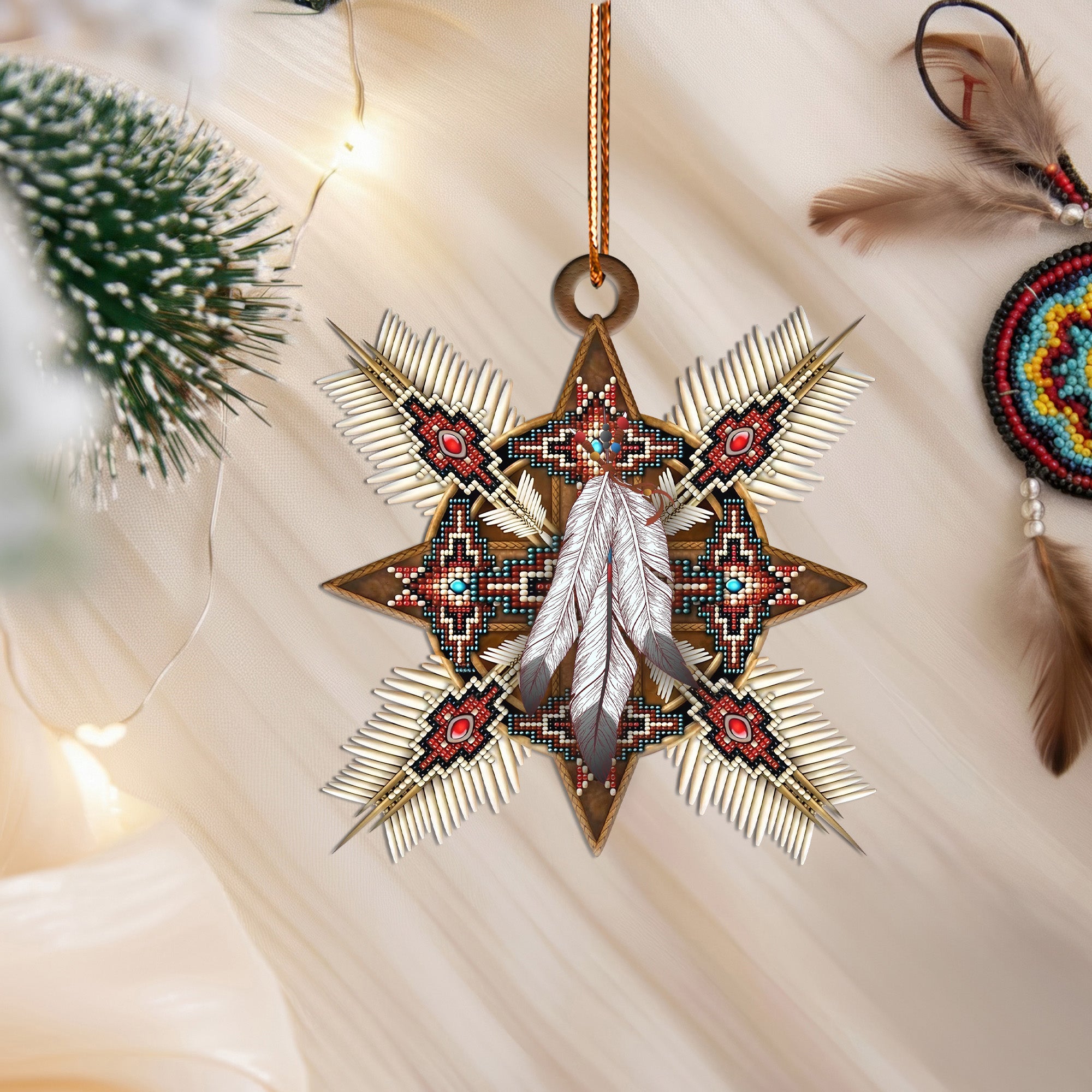 Native Beaded Star Ornament with Feathers Unique Christmas Gift Decor Flat Acrylic