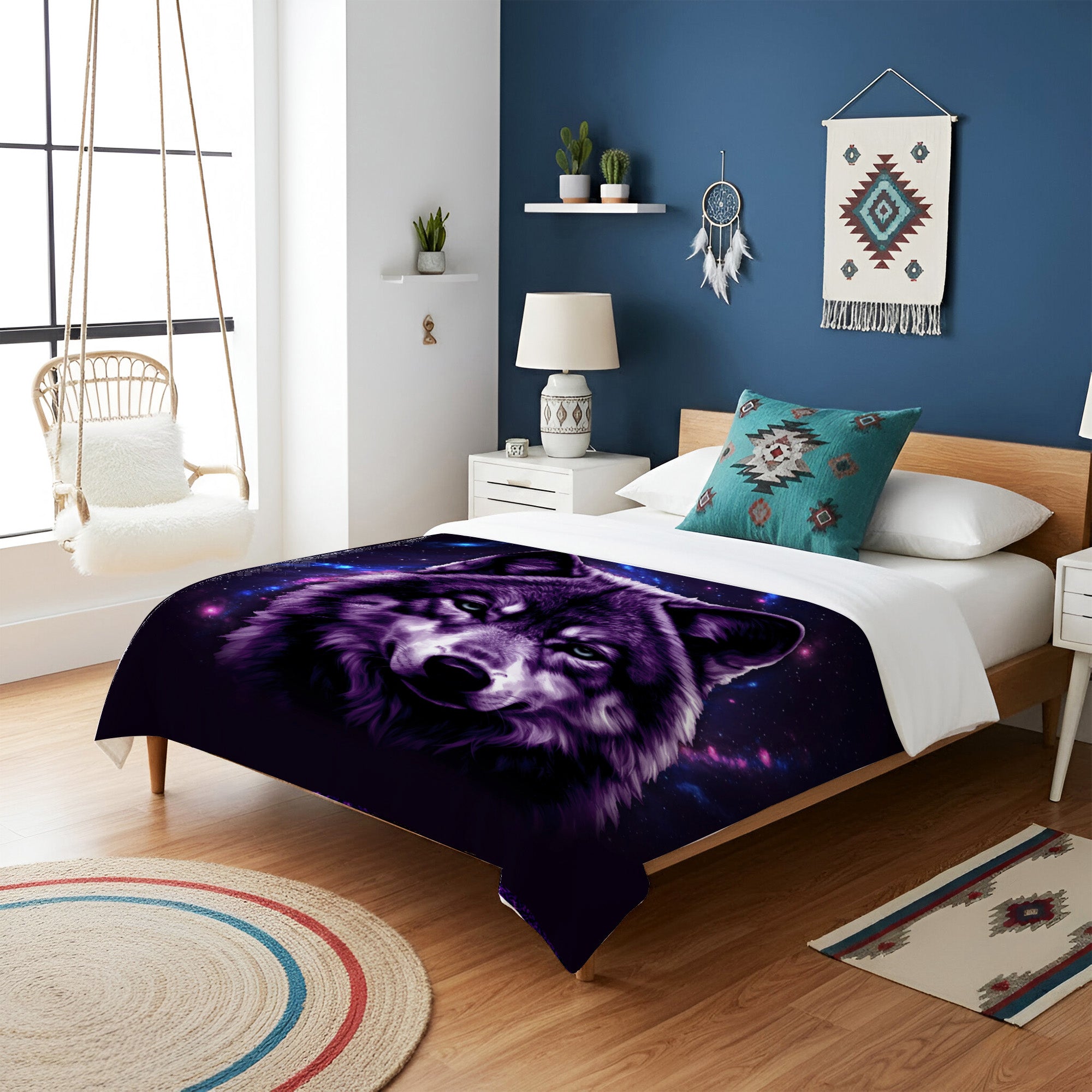 Spirit Wolf of the Purple Sky Native American Cozy Fleece Blanket