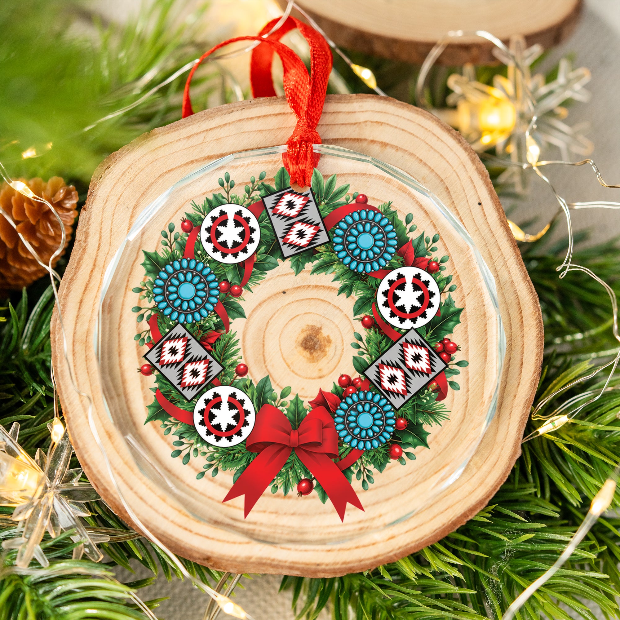 Wreath Christmas Native Tribal Glass Ornament – Indigenous Art Decor