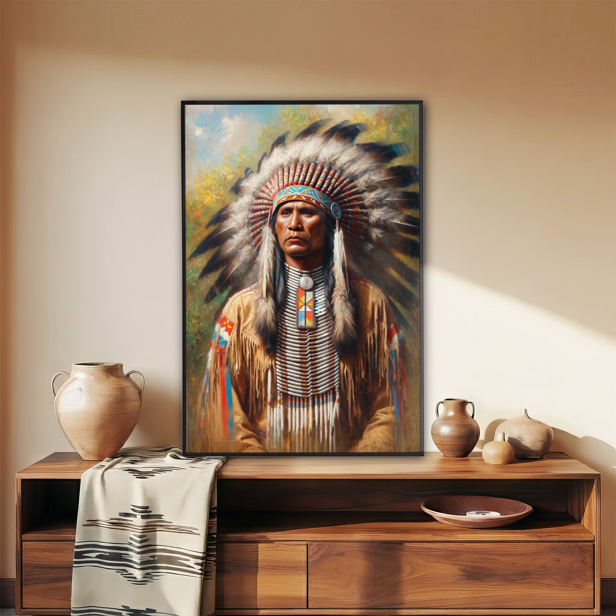Custom Native American Chief Portrait Photo Canvas Art Gift Home Decor