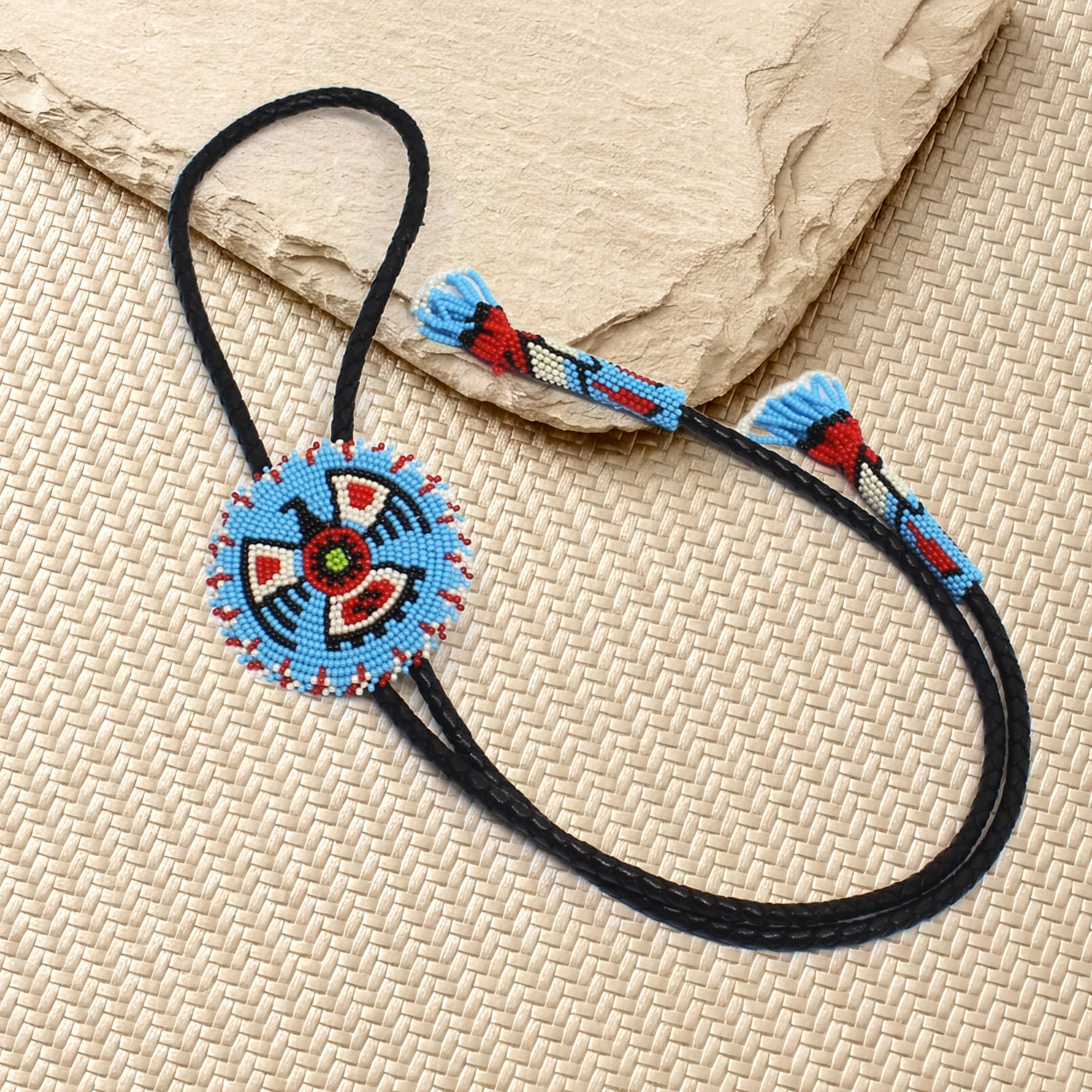 SALE 50% OFF - Handmade beaded Cyan Blue Thunderbird leather Bolo Tie Unisex With Native American Style
