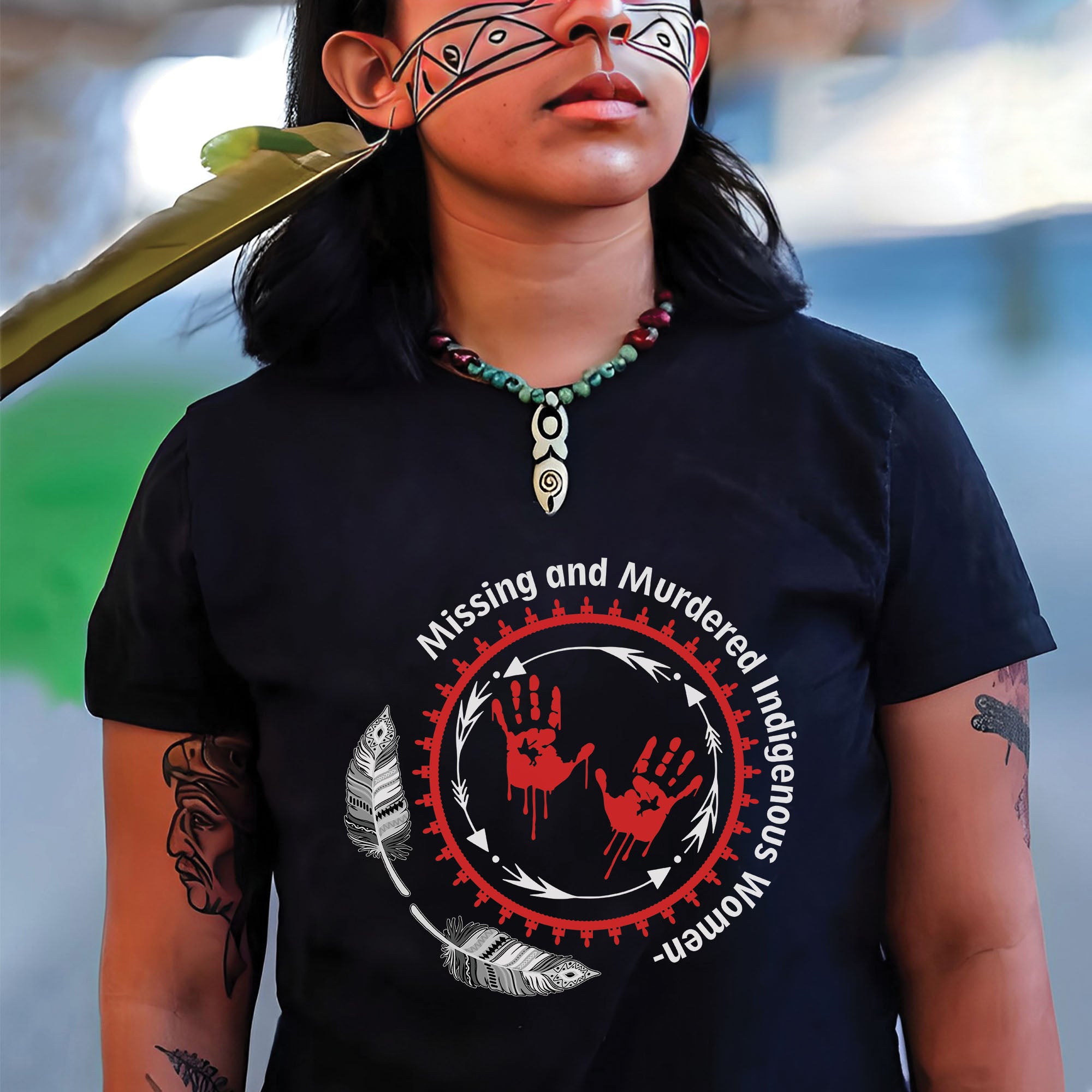 MMIW Awareness Honoring MMIW – Red Tee with Handprint & Sacred Feather Unisex T-shirt/T-shirt V-Neck/Hoodie/Sweatshirt