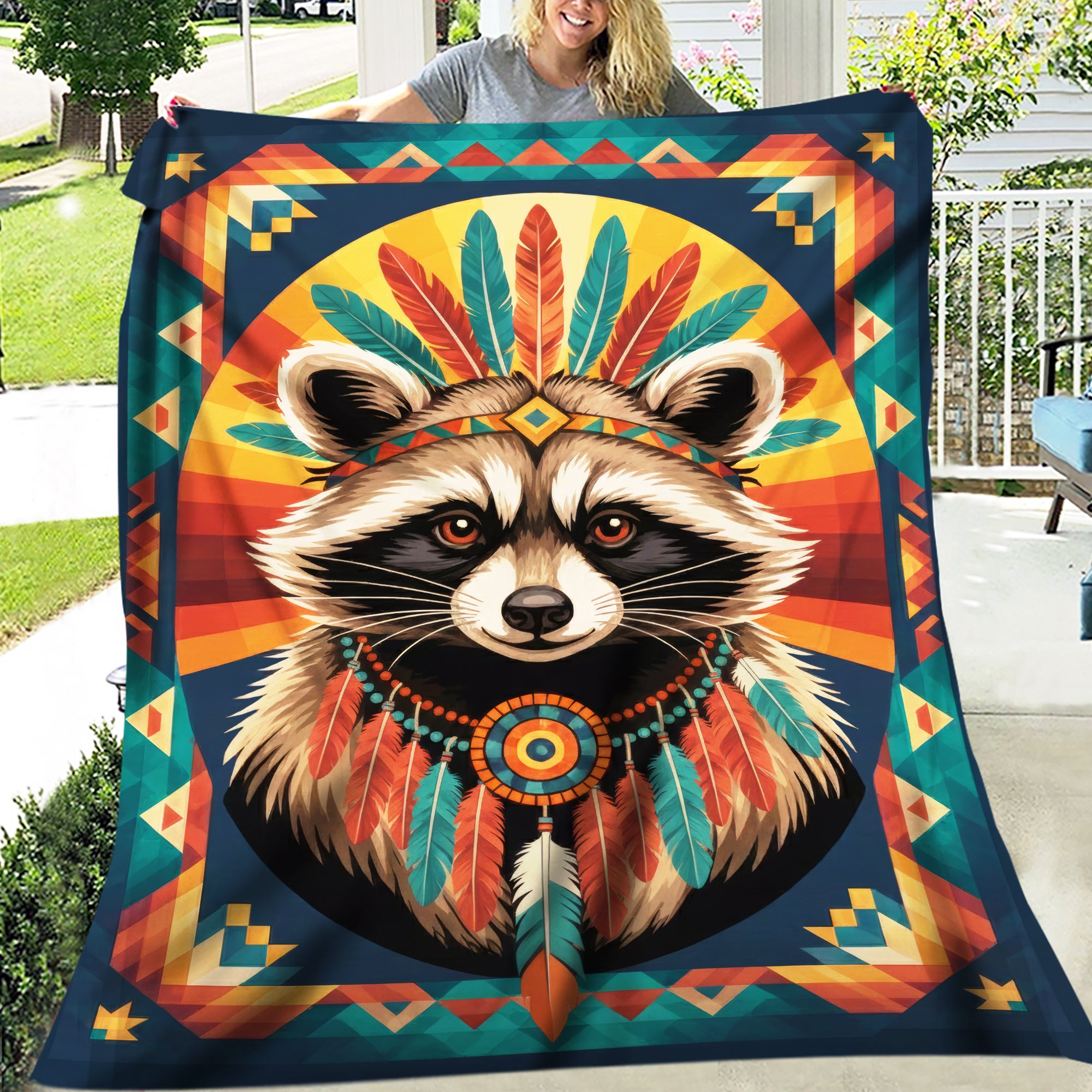 Colorful Feathered Raccoon Native American Cozy Fleece Blanket