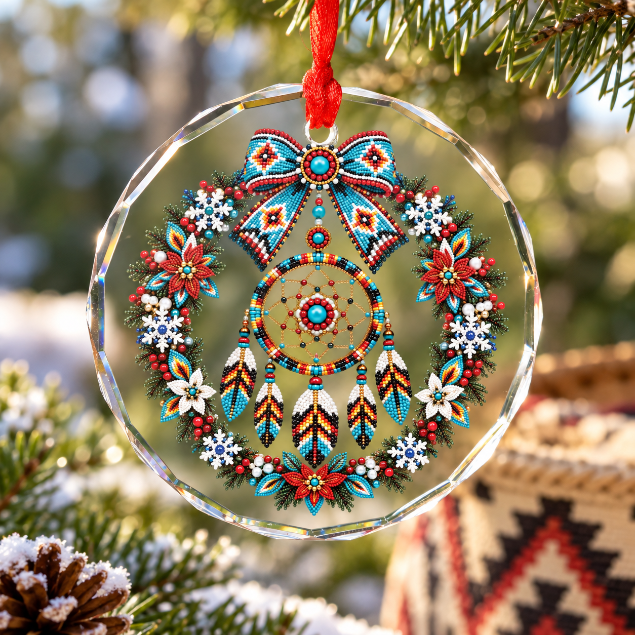 Native Beaded Dreamcatcher Wreath Glass Ornament – Indigenous Art Decor