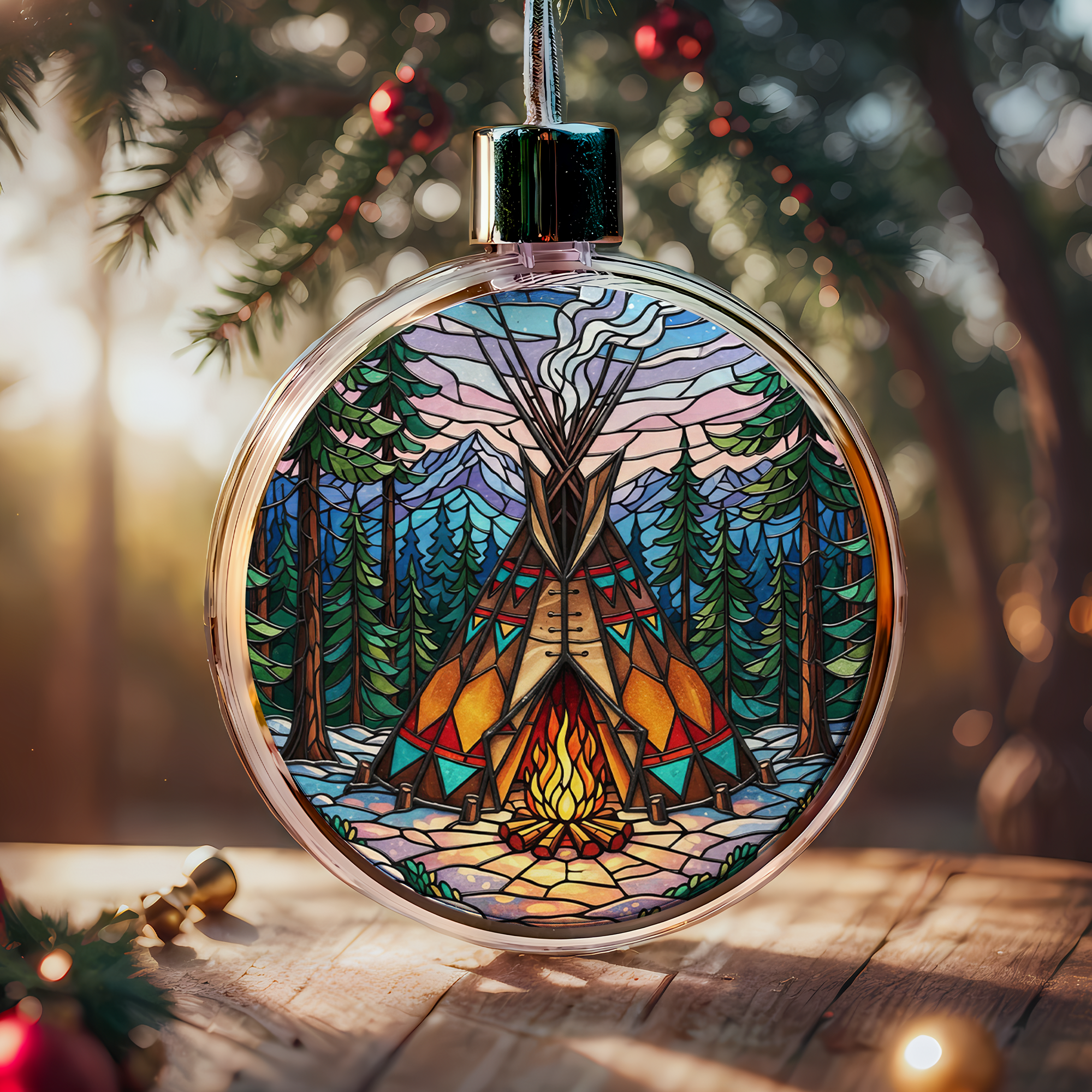 Native Teepee Stained Glass Design Clear Plastic and Aluminium Ornament Unique Christmas Gift Decor