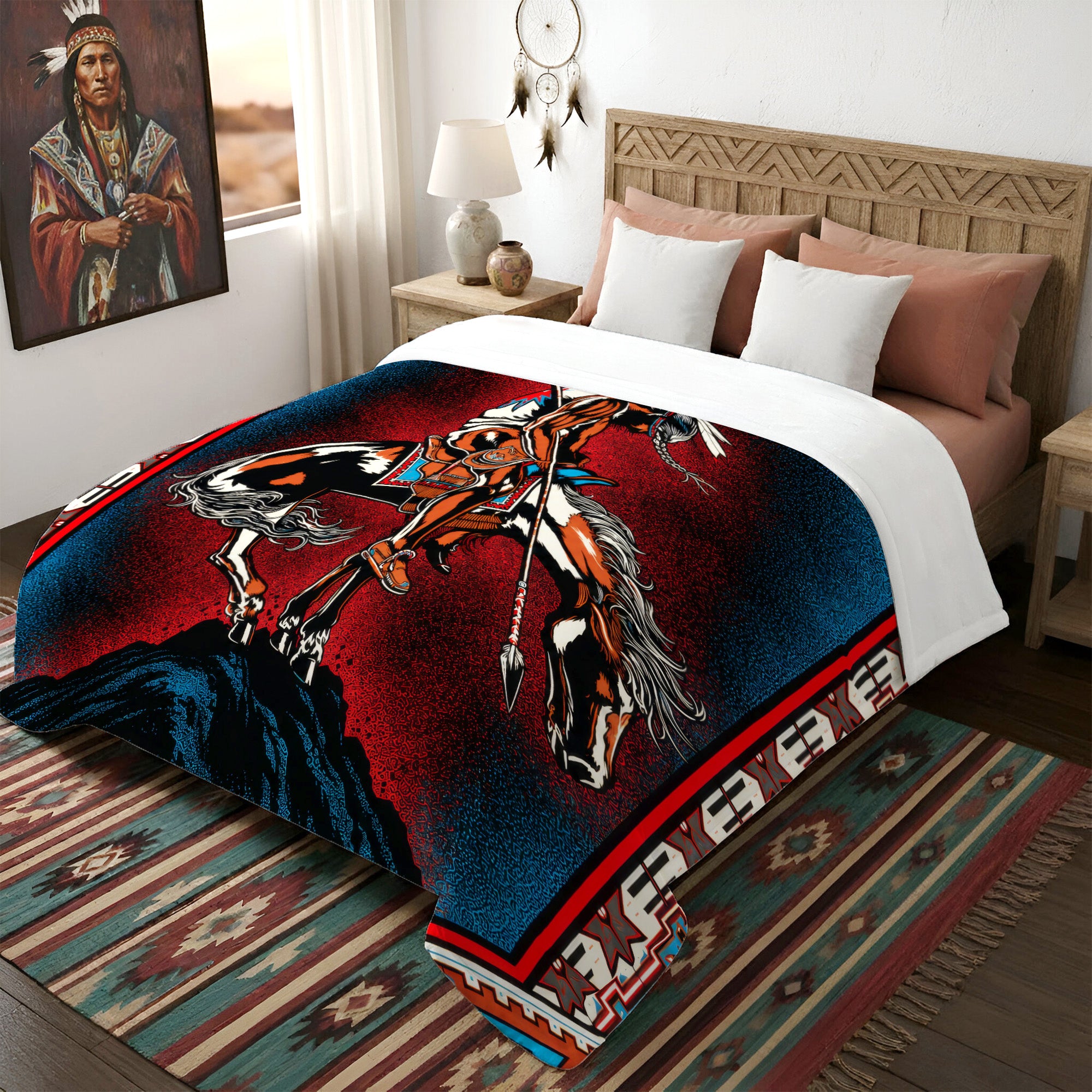 Native Warrior Horse Art Soft And Warm Premium Fleece Blanket