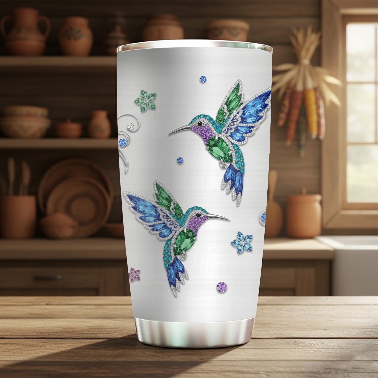 Crystal Hummingbird Tumbler Stainless Steel Drinking Cup (Custom Name)