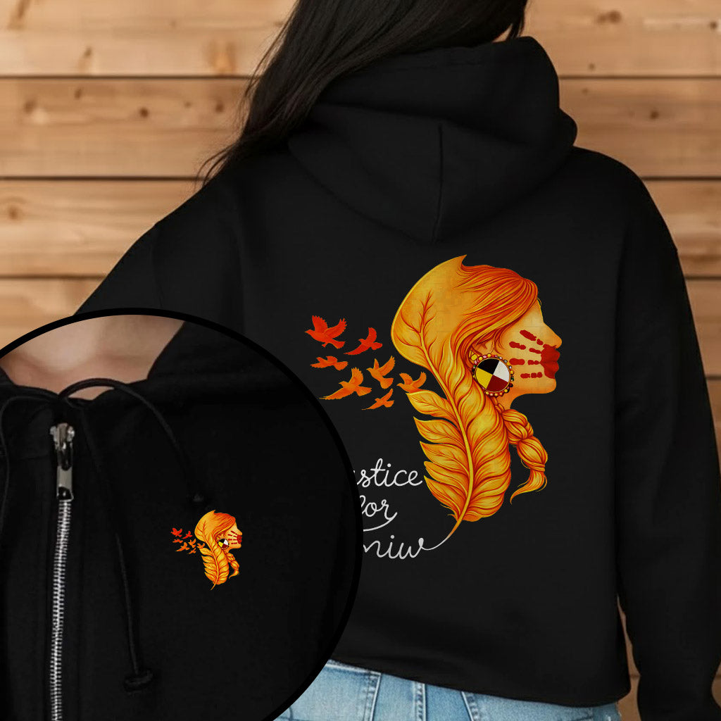 [Two Sides] Justice for MMIW Hoodie - Indigenous Woman with Feather Design Unisex Tank Top/Long Sleeve/Hoodie Zip